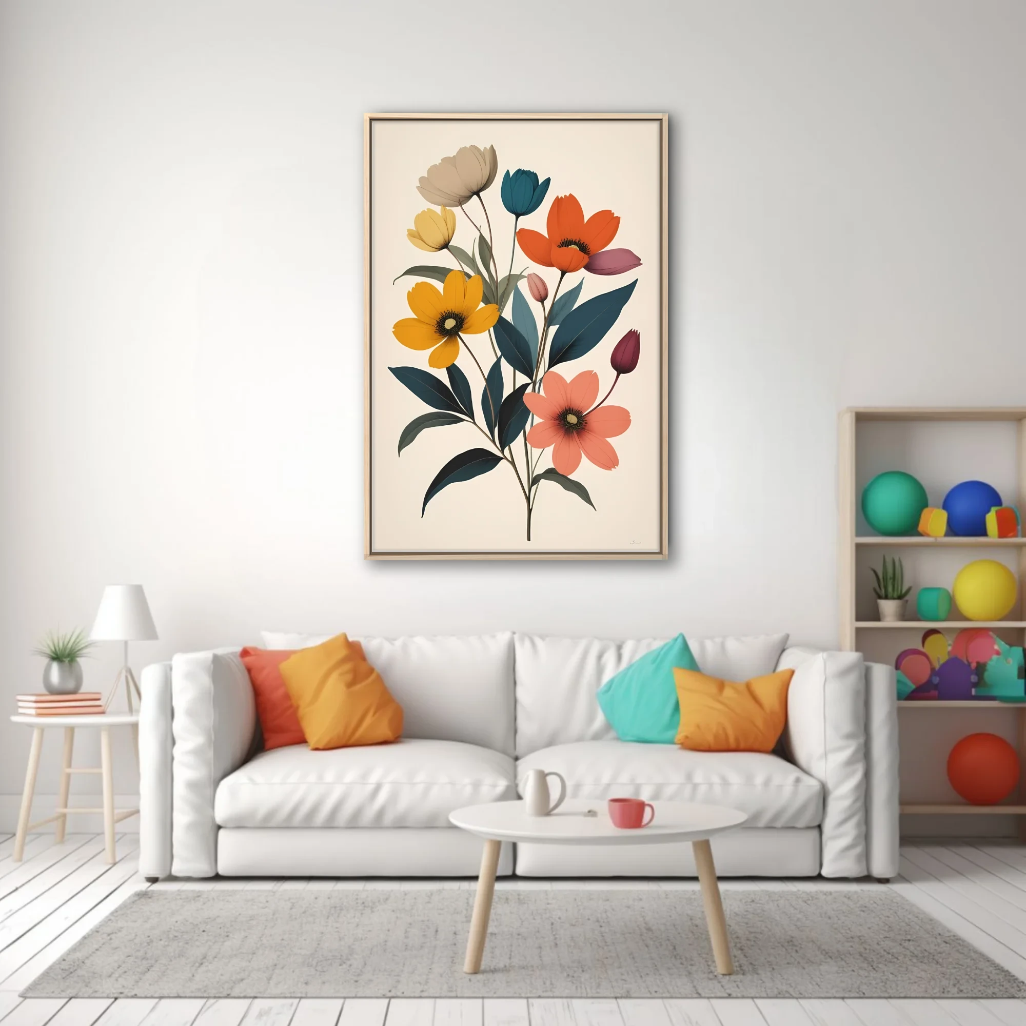 Mid-century modern flat graphic floral art — bold blooms and buds in warm and cool tones