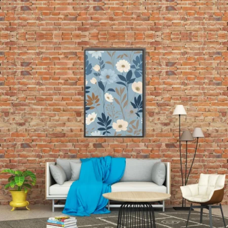 Flat botanical illustration with white blooms and blue foliage on dusty blue background