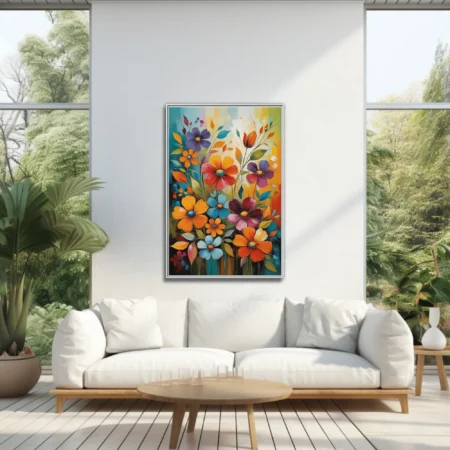 Richly colored abstract floral art with vibrant orange, blue, red and purple blooms