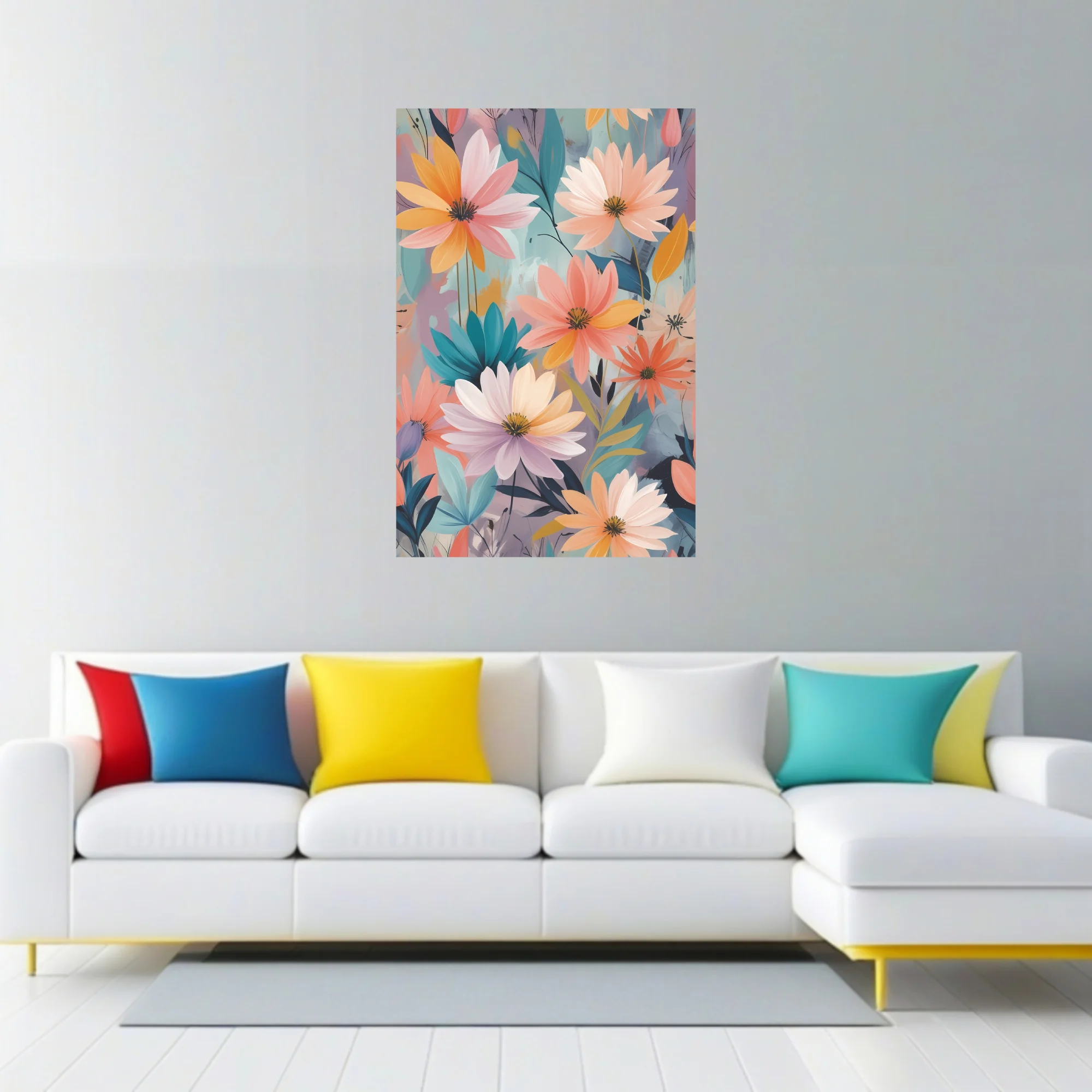 Abstract floral illustration with pastel blooms in peach, coral, and gold tones