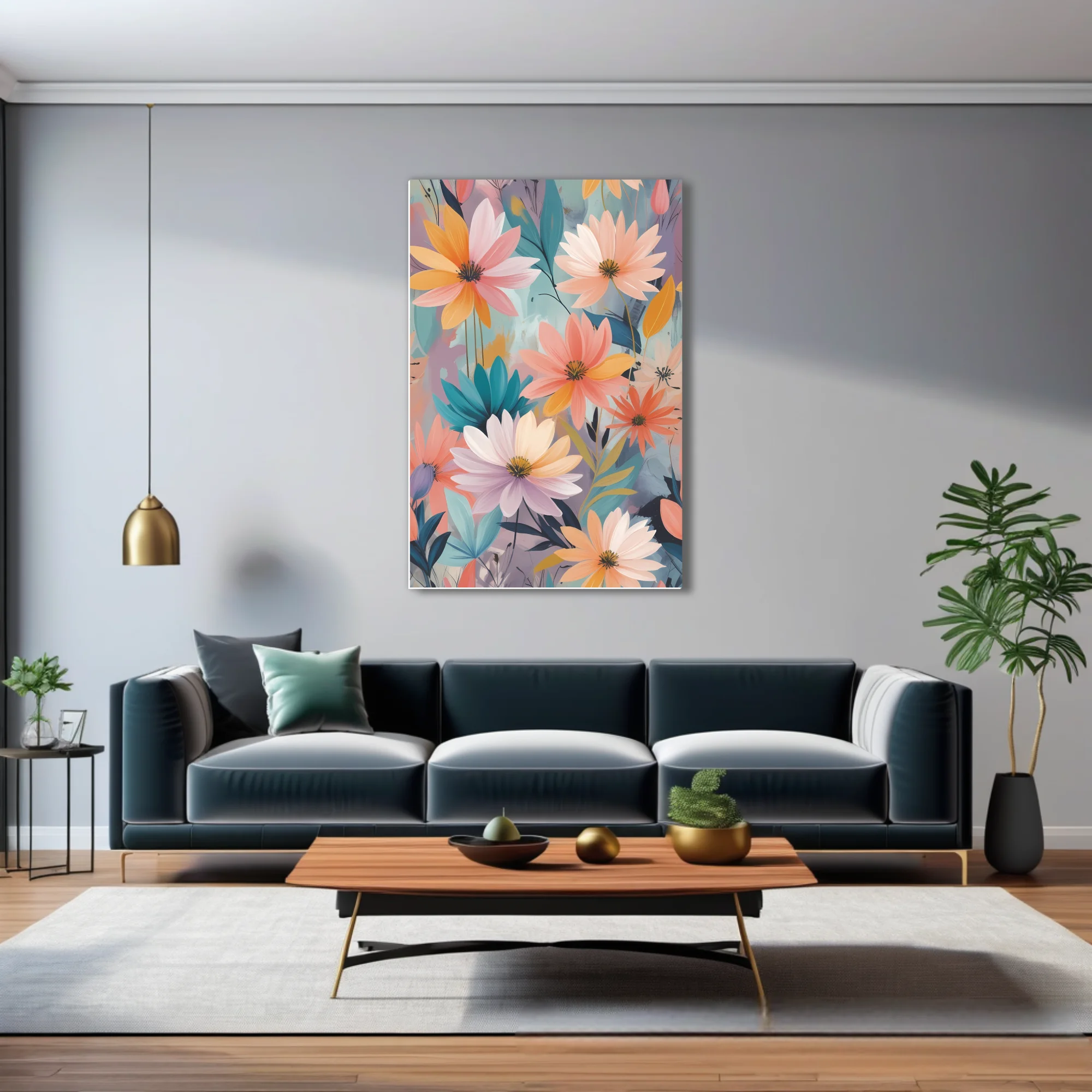 Abstract floral illustration with pastel blooms in peach, coral, and gold tones