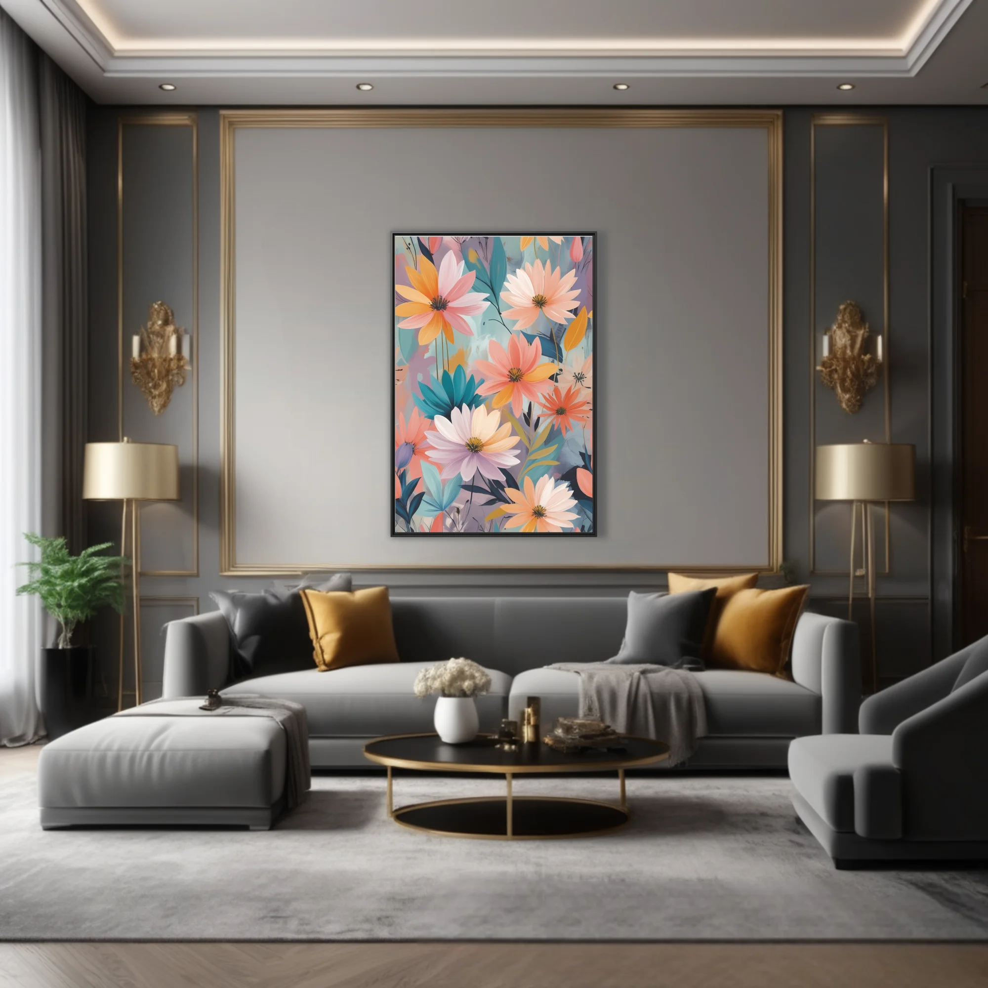 Abstract floral illustration with pastel blooms in peach, coral, and gold tones