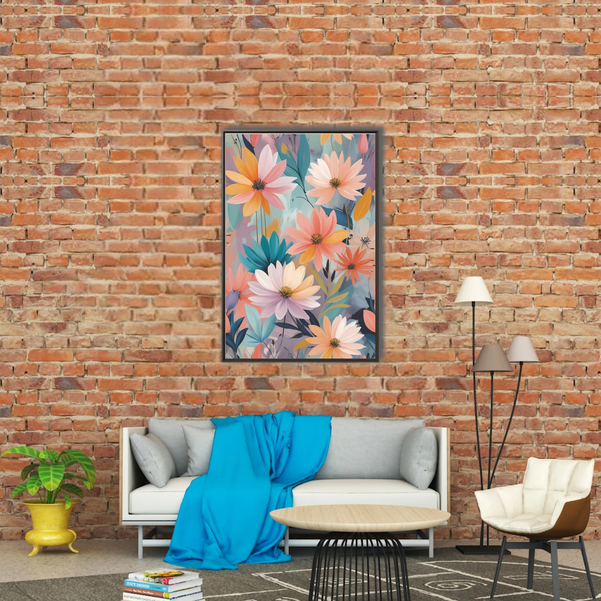 Abstract floral illustration with pastel blooms in peach, coral, and gold tones