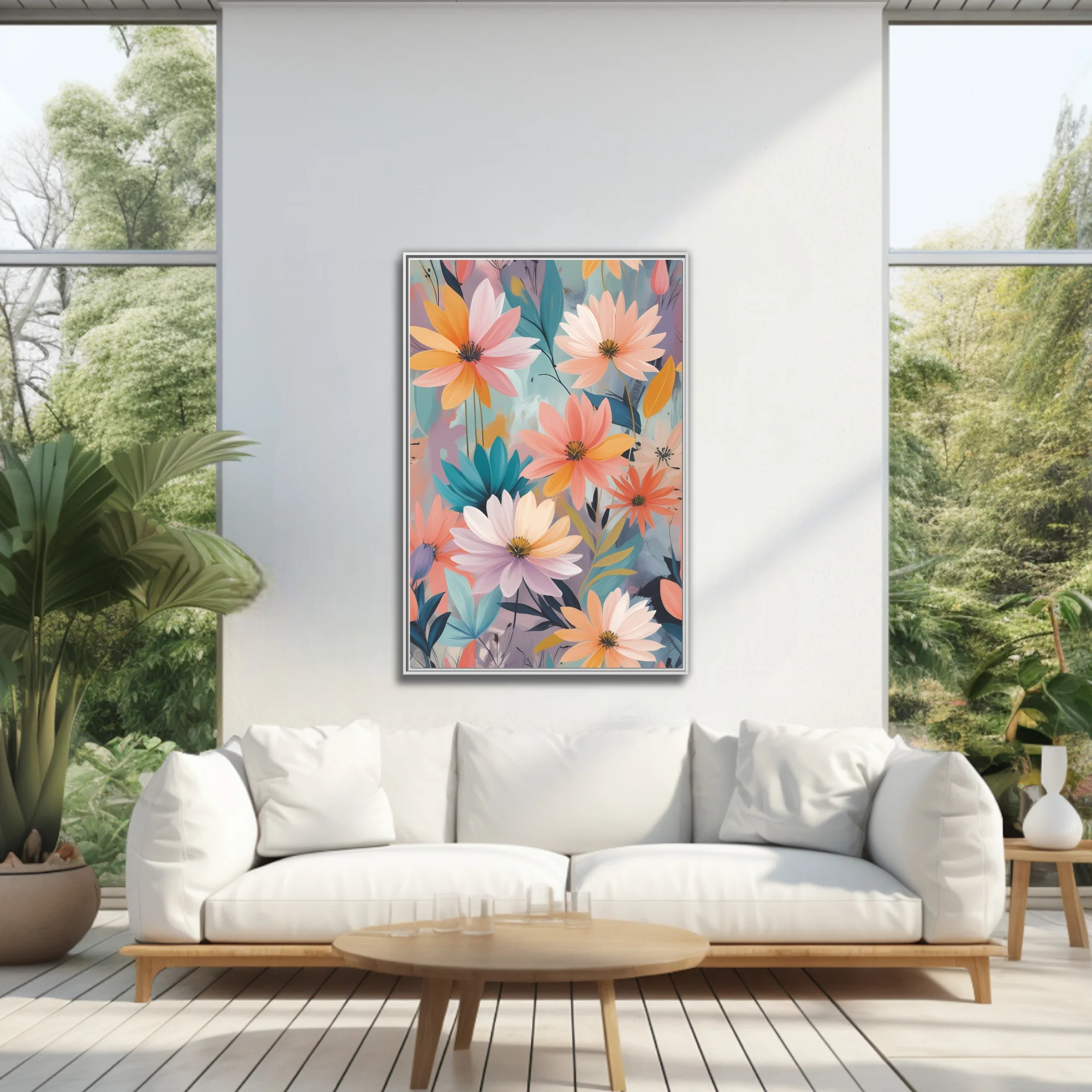 Abstract floral illustration with pastel blooms in peach, coral, and gold tones