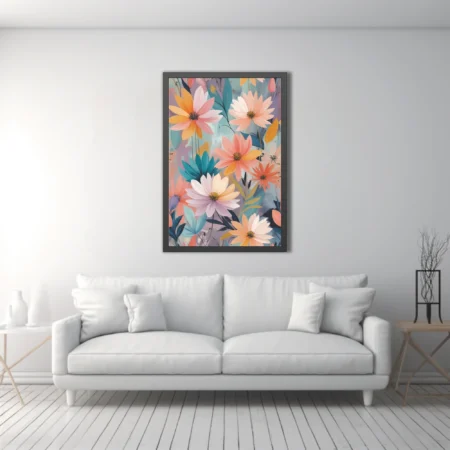 Abstract floral illustration with pastel blooms in peach, coral, and gold tones