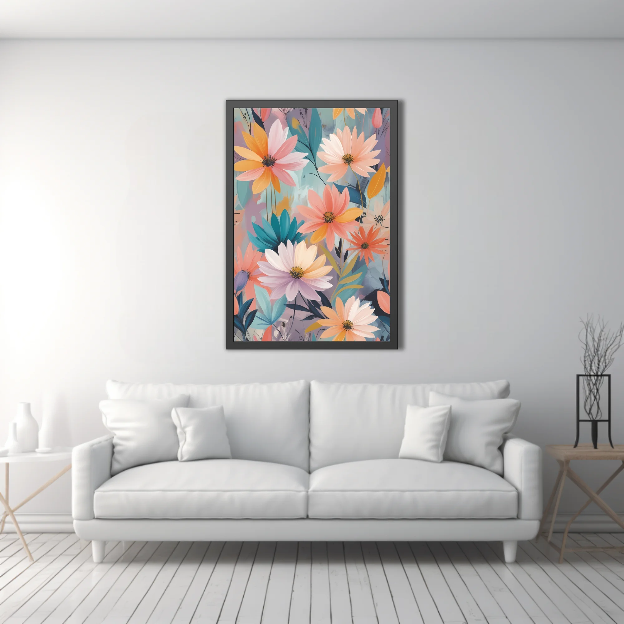 Abstract floral illustration with pastel blooms in peach, coral, and gold tones