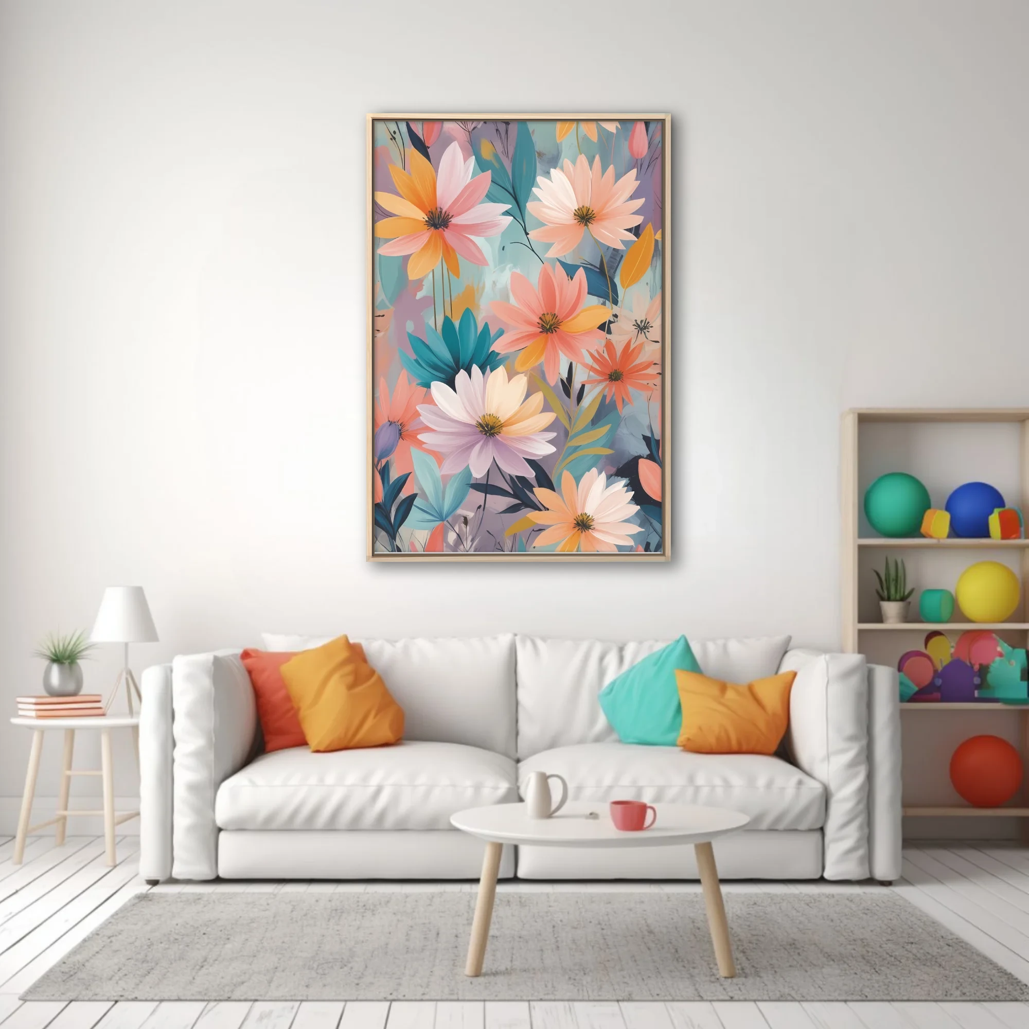 Abstract floral illustration with pastel blooms in peach, coral, and gold tones