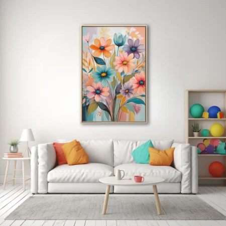 Watercolor-style abstract floral art in pastel peach, teal, and lavender tones