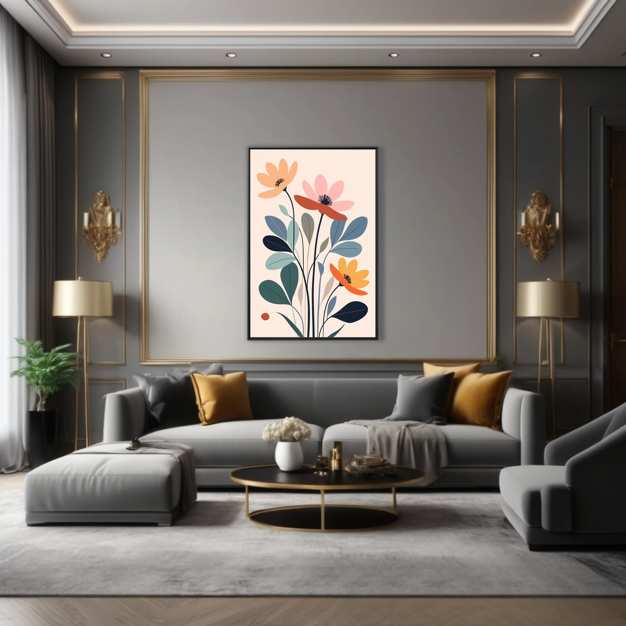 Minimalist abstract floral illustration, muted earth and dusty blue-green tones