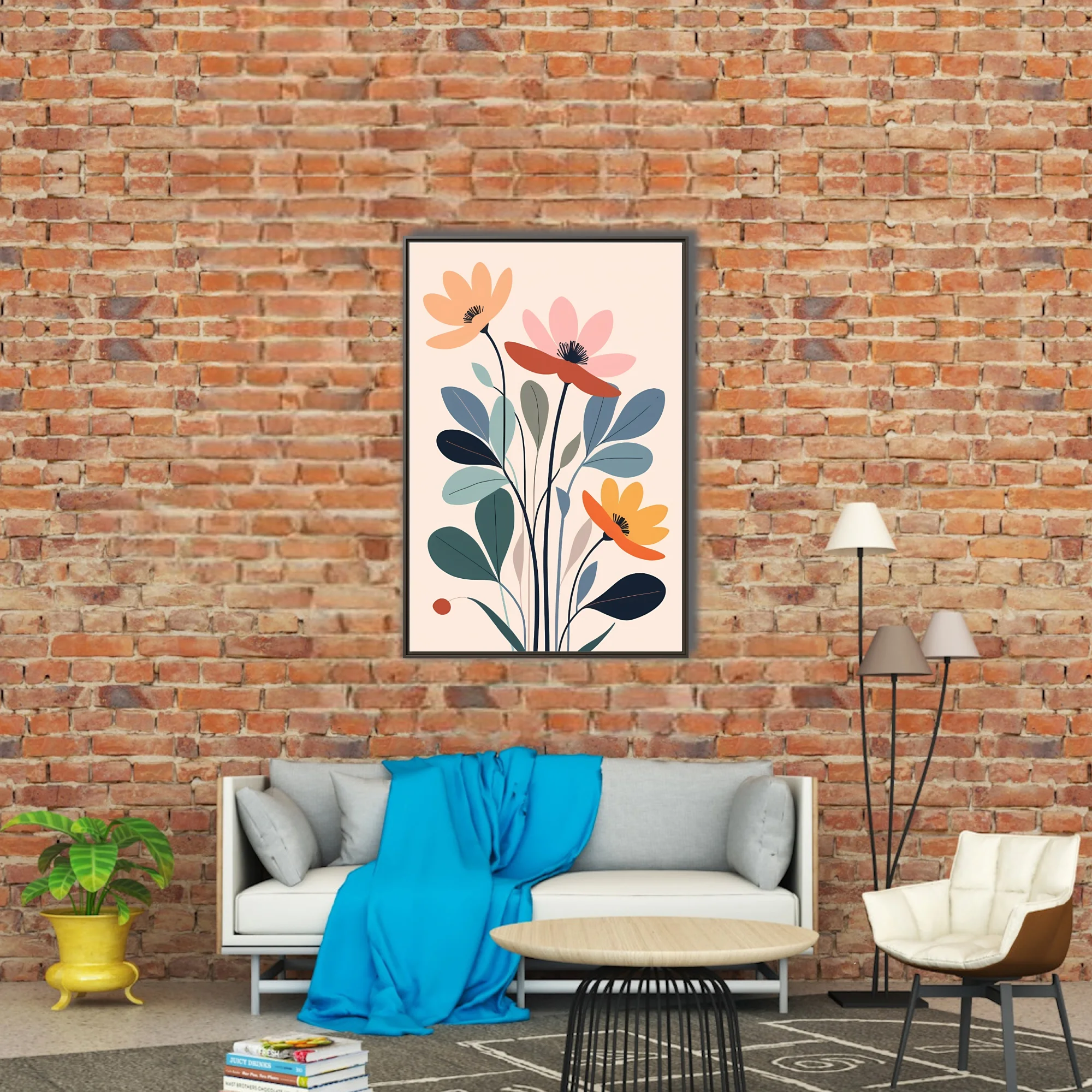 Minimalist abstract floral illustration, muted earth and dusty blue-green tones