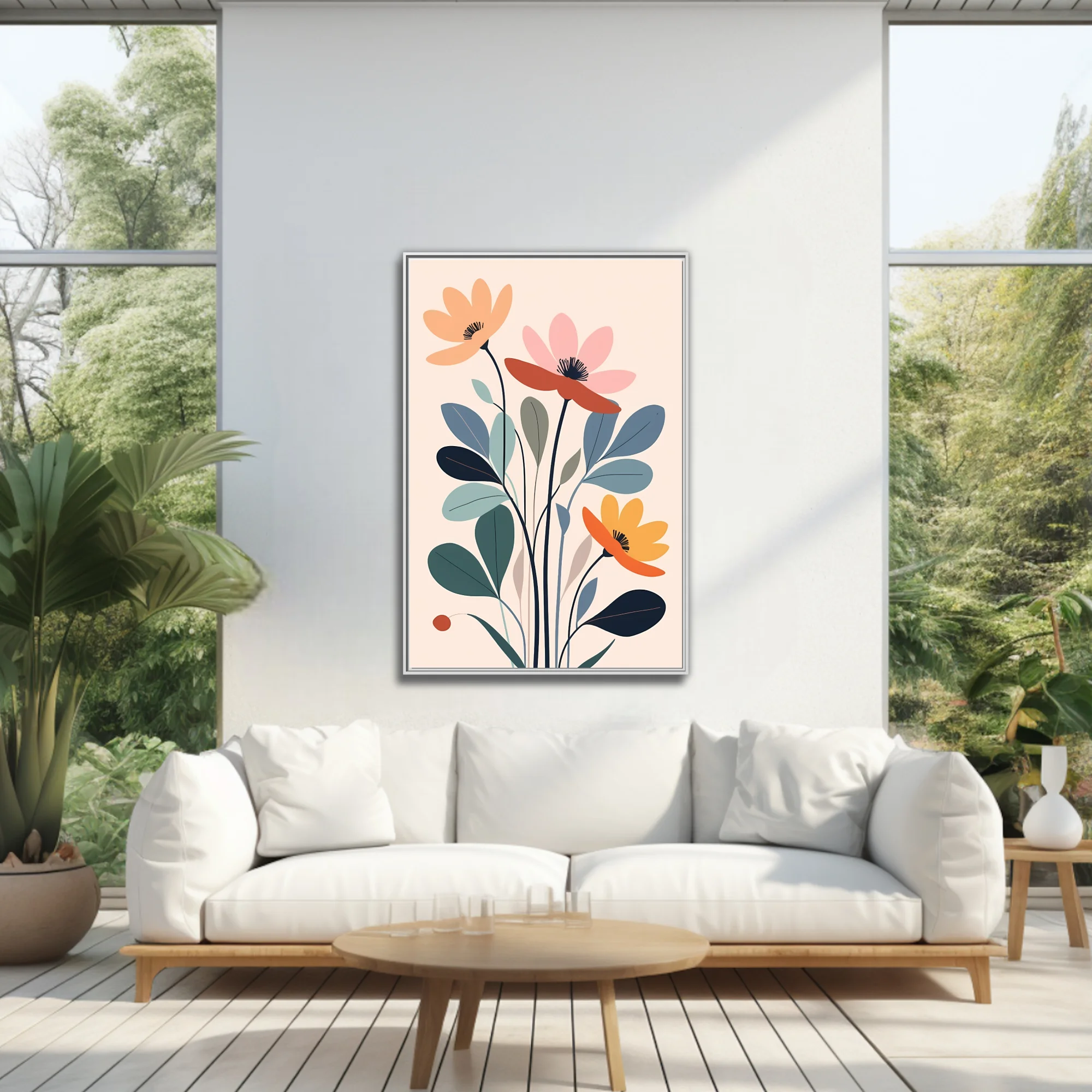 Minimalist abstract floral illustration, muted earth and dusty blue-green tones