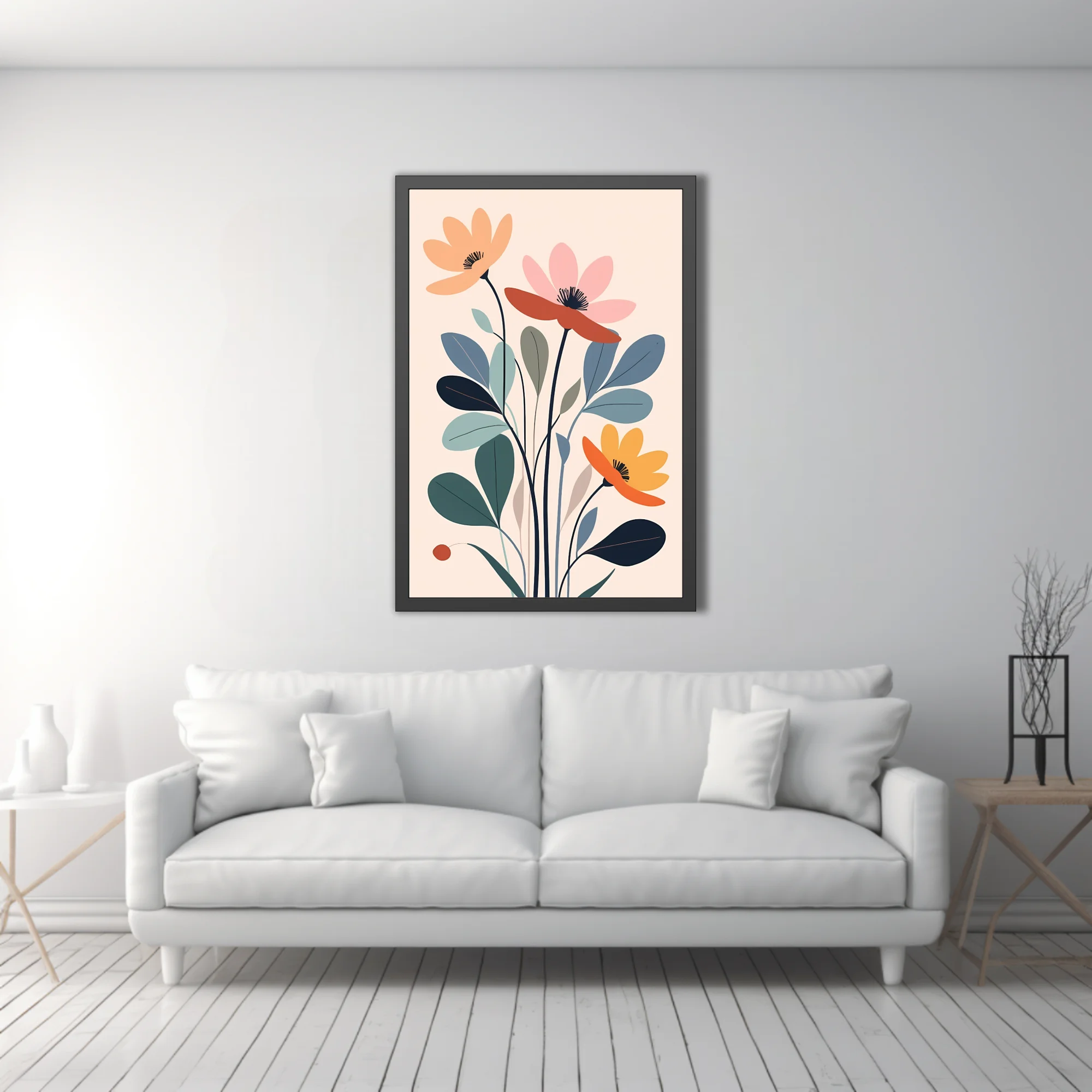Minimalist abstract floral illustration, muted earth and dusty blue-green tones