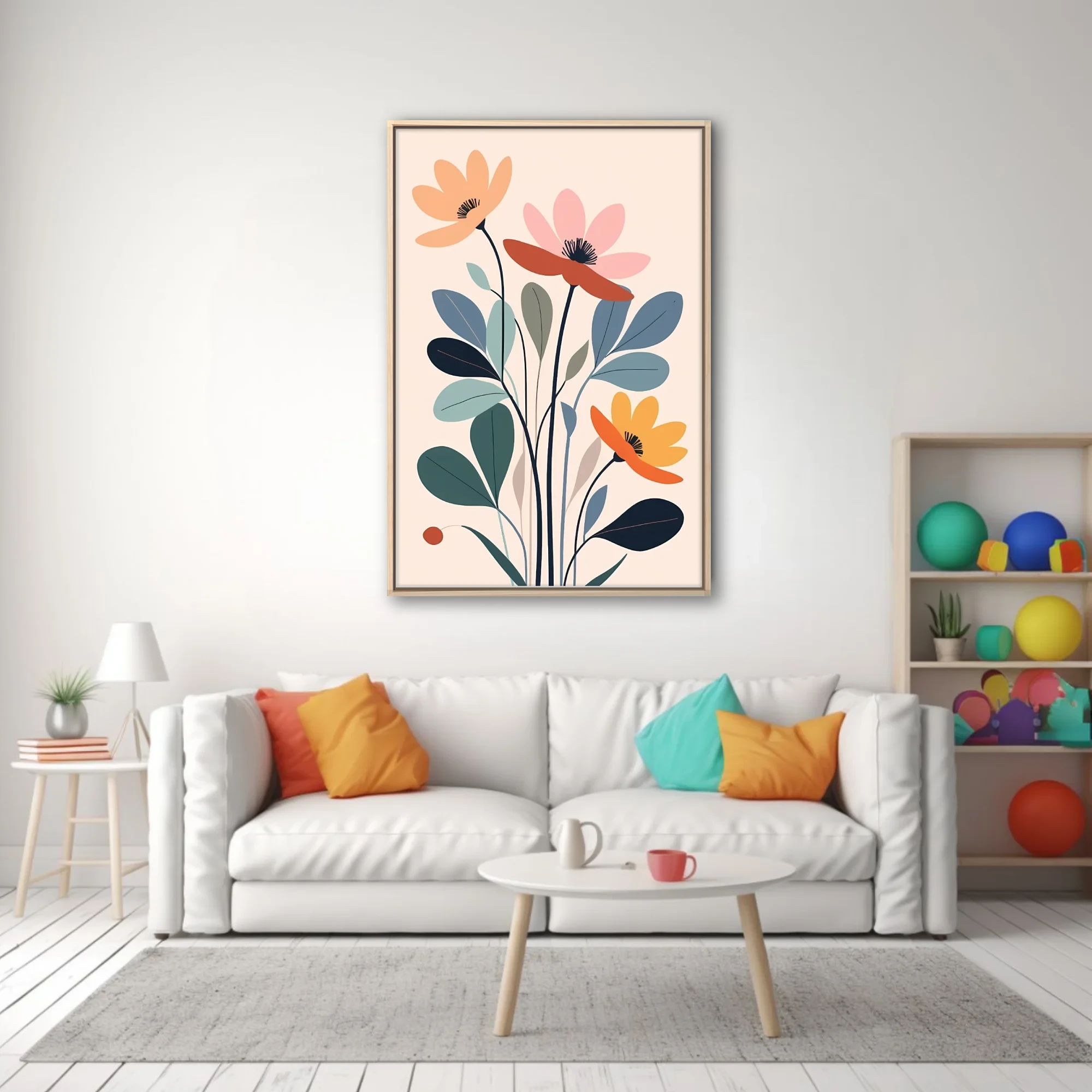 Minimalist abstract floral illustration, muted earth and dusty blue-green tones