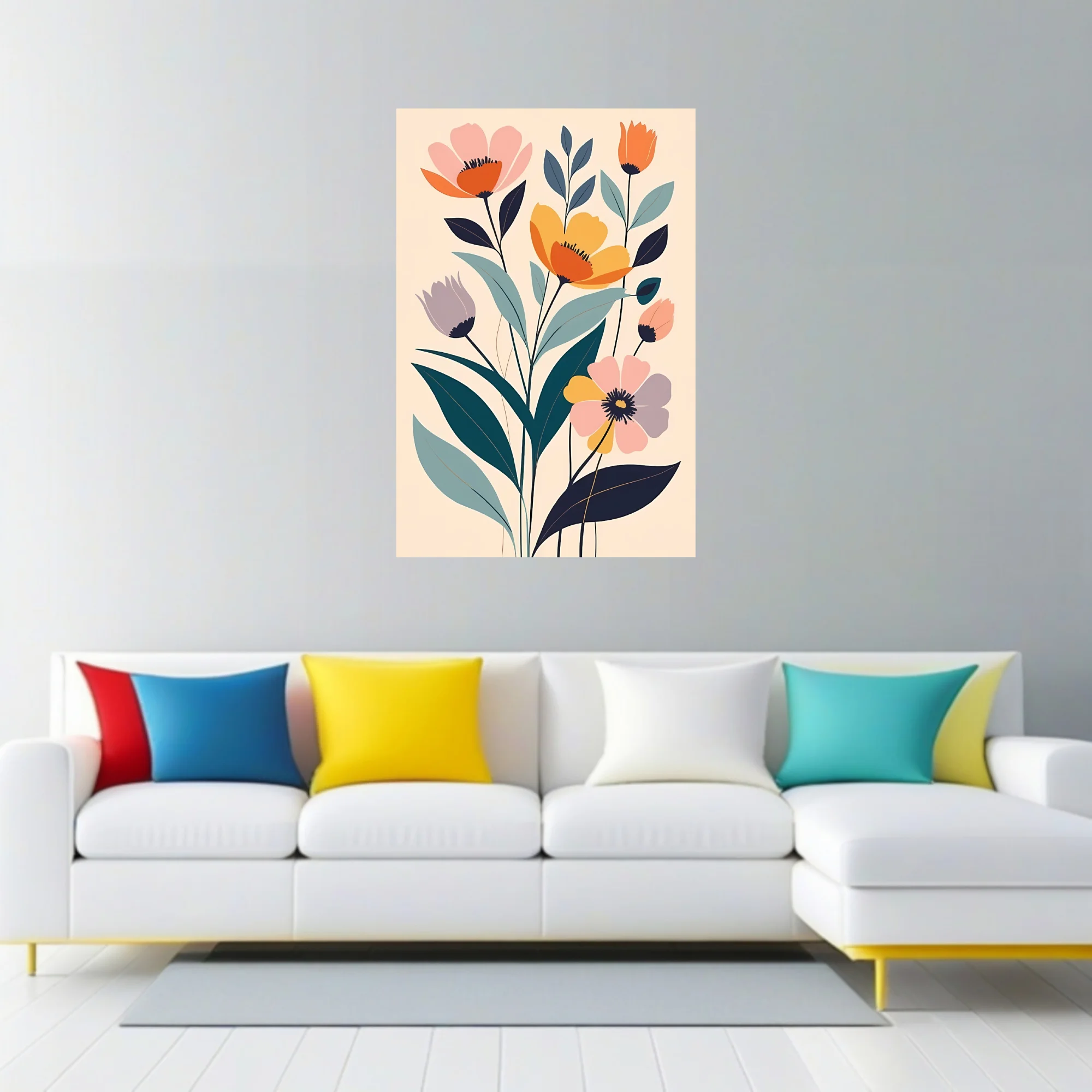 Minimalist flat-style floral art with coral, amber, and teal botanical motifs