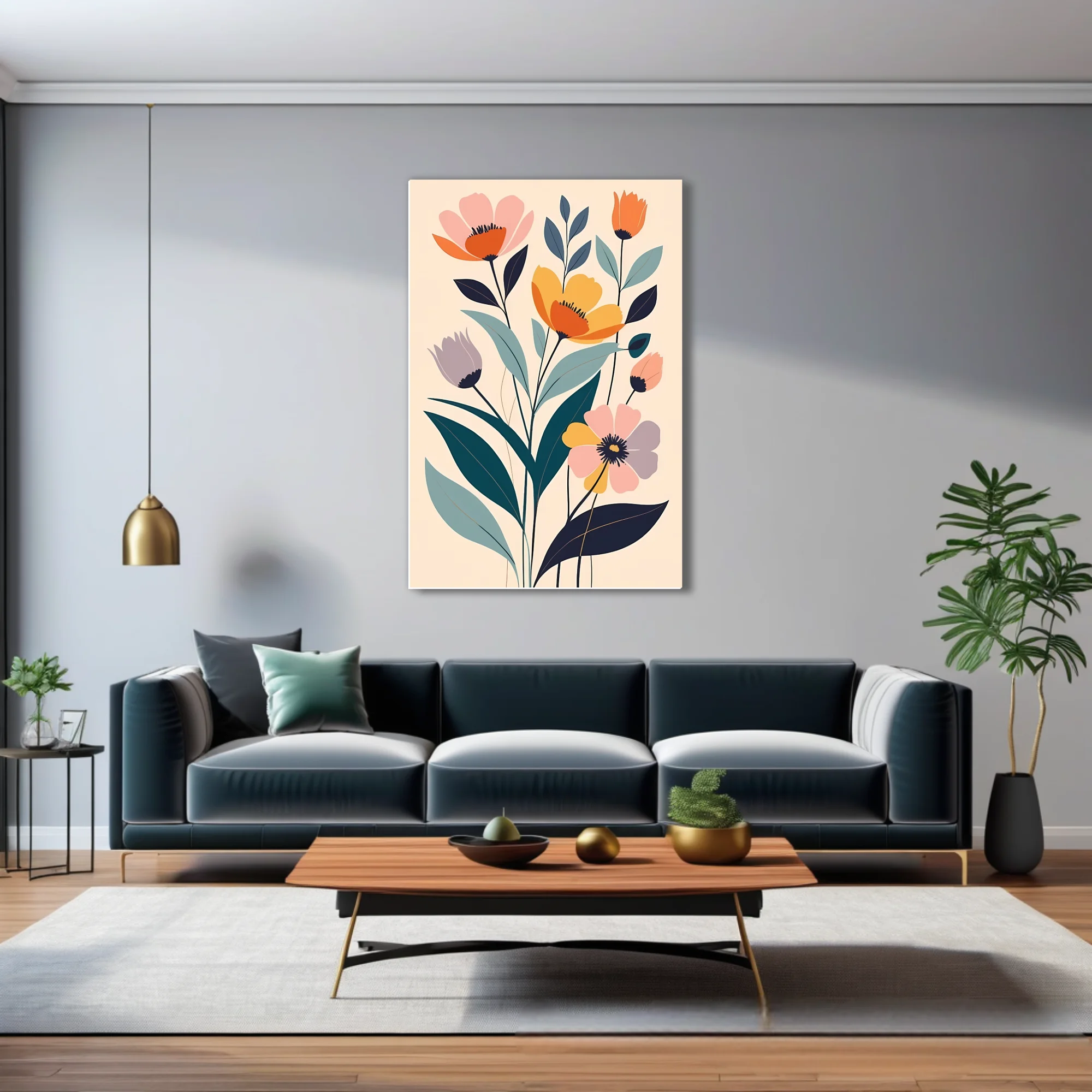 Minimalist flat-style floral art with coral, amber, and teal botanical motifs