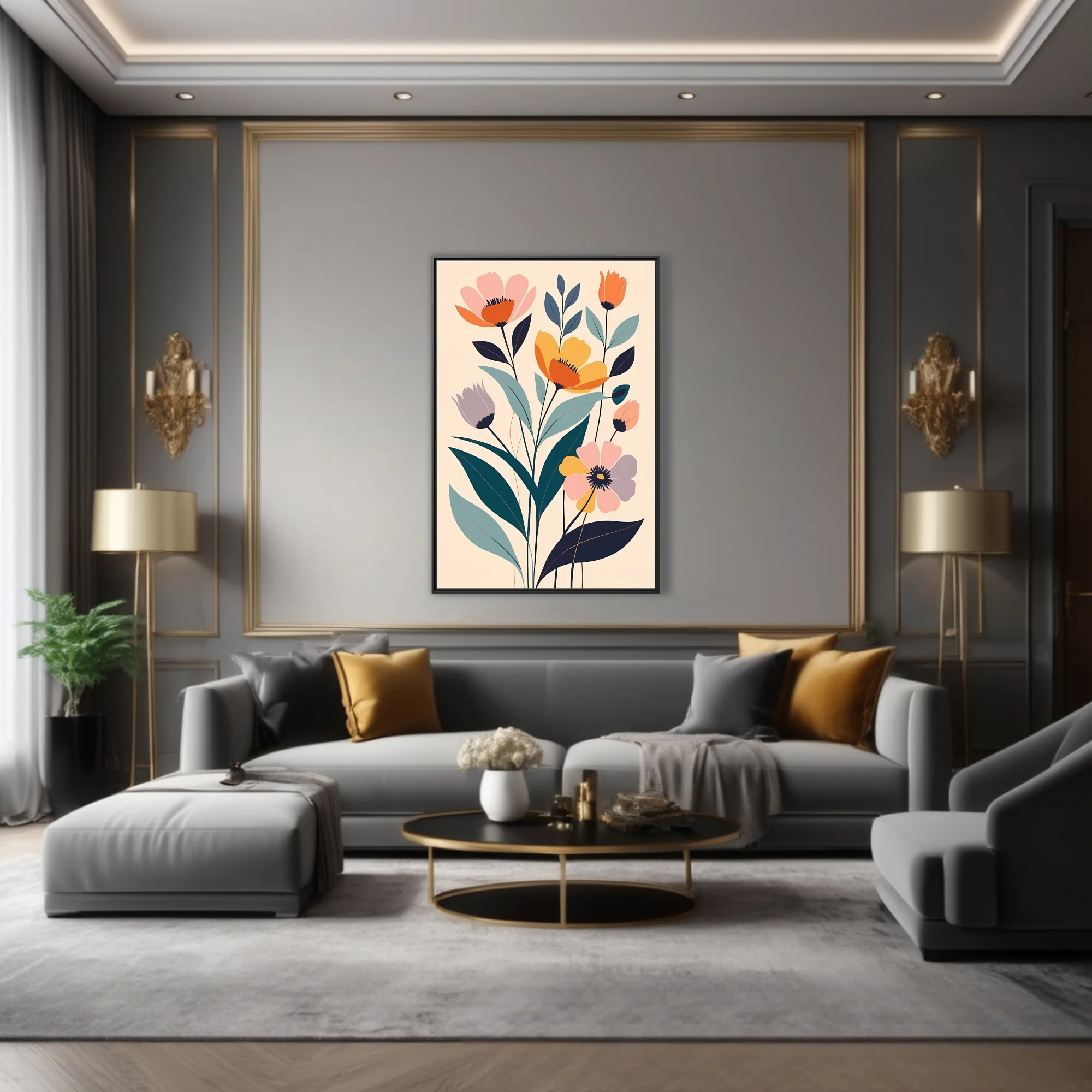 Minimalist flat-style floral art with coral, amber, and teal botanical motifs