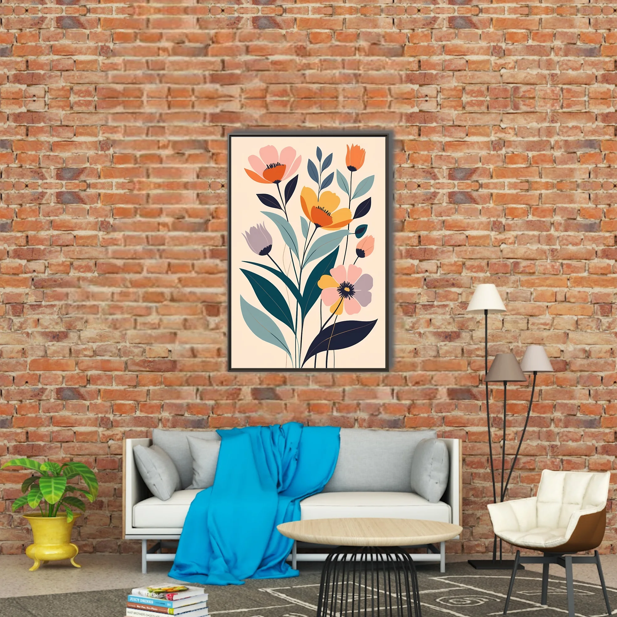 Minimalist flat-style floral art with coral, amber, and teal botanical motifs