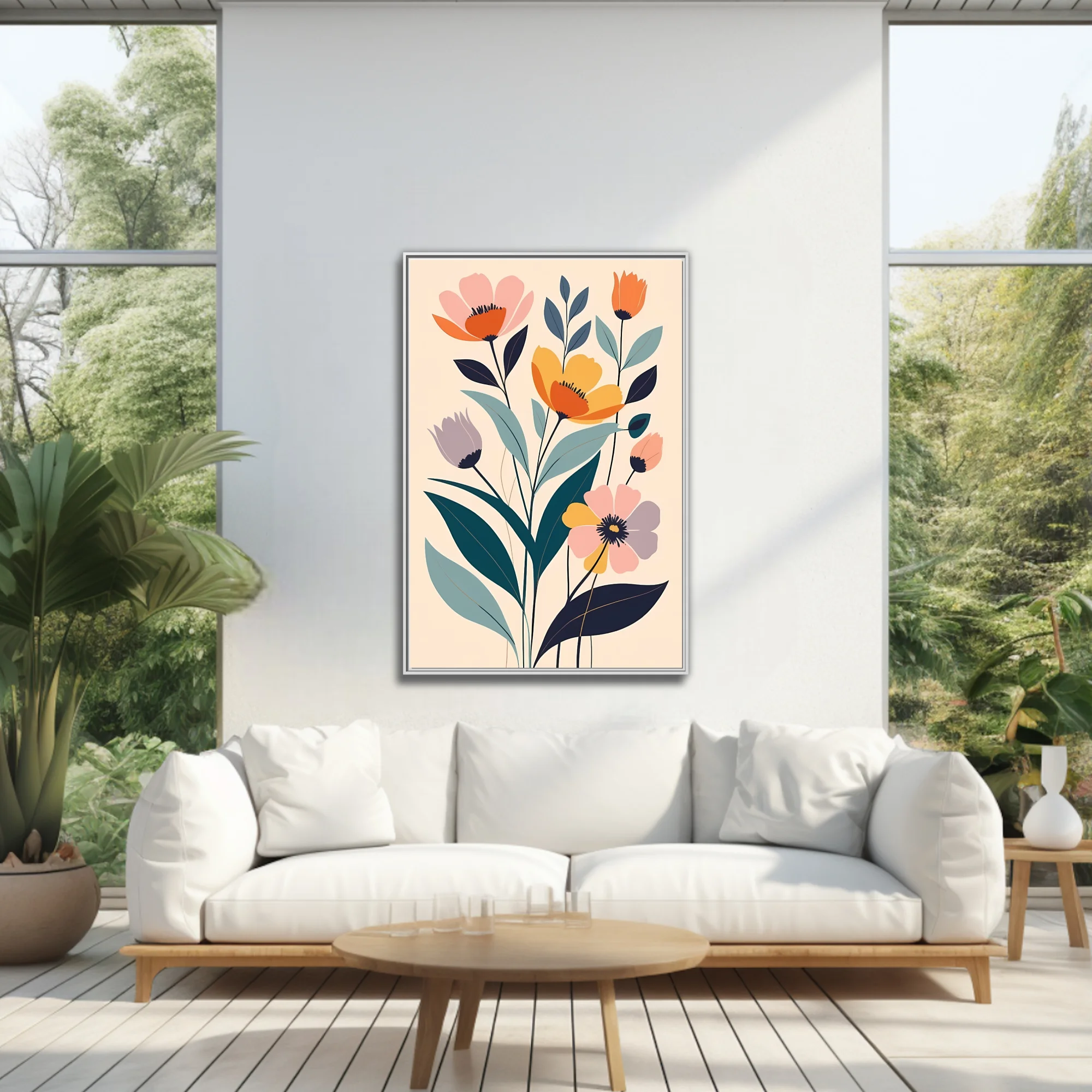 Minimalist flat-style floral art with coral, amber, and teal botanical motifs