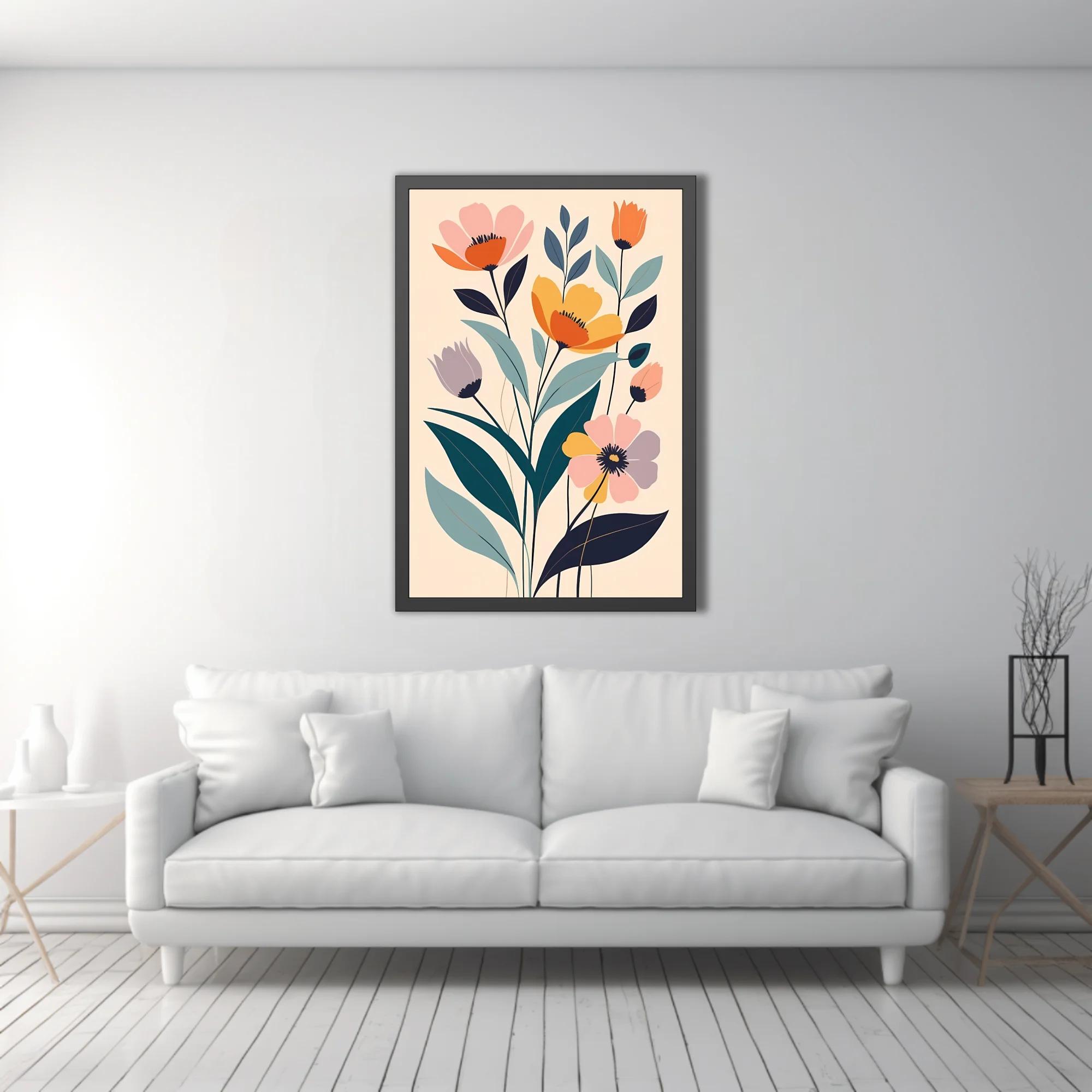 Minimalist flat-style floral art with coral, amber, and teal botanical motifs