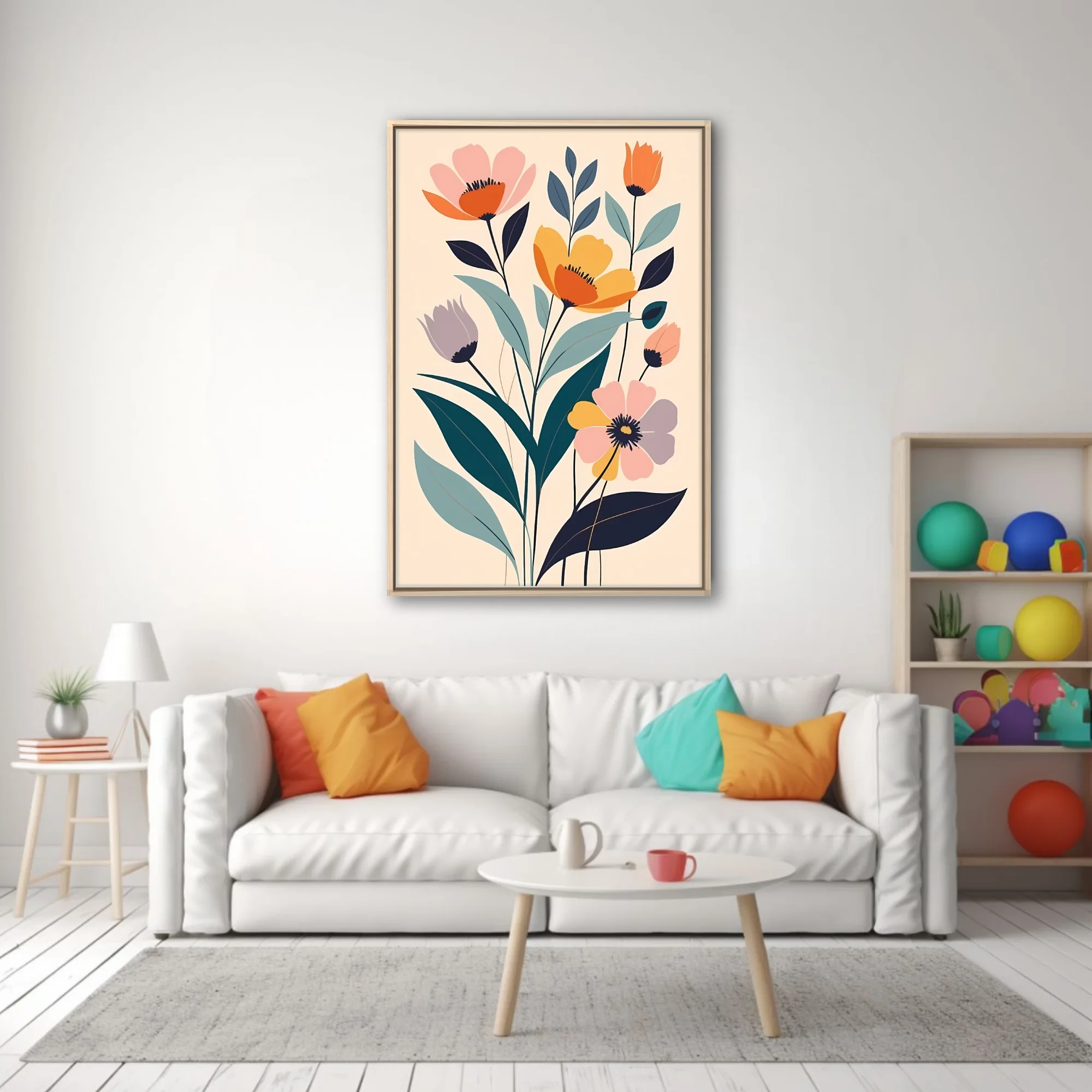 Minimalist flat-style floral art with coral, amber, and teal botanical motifs