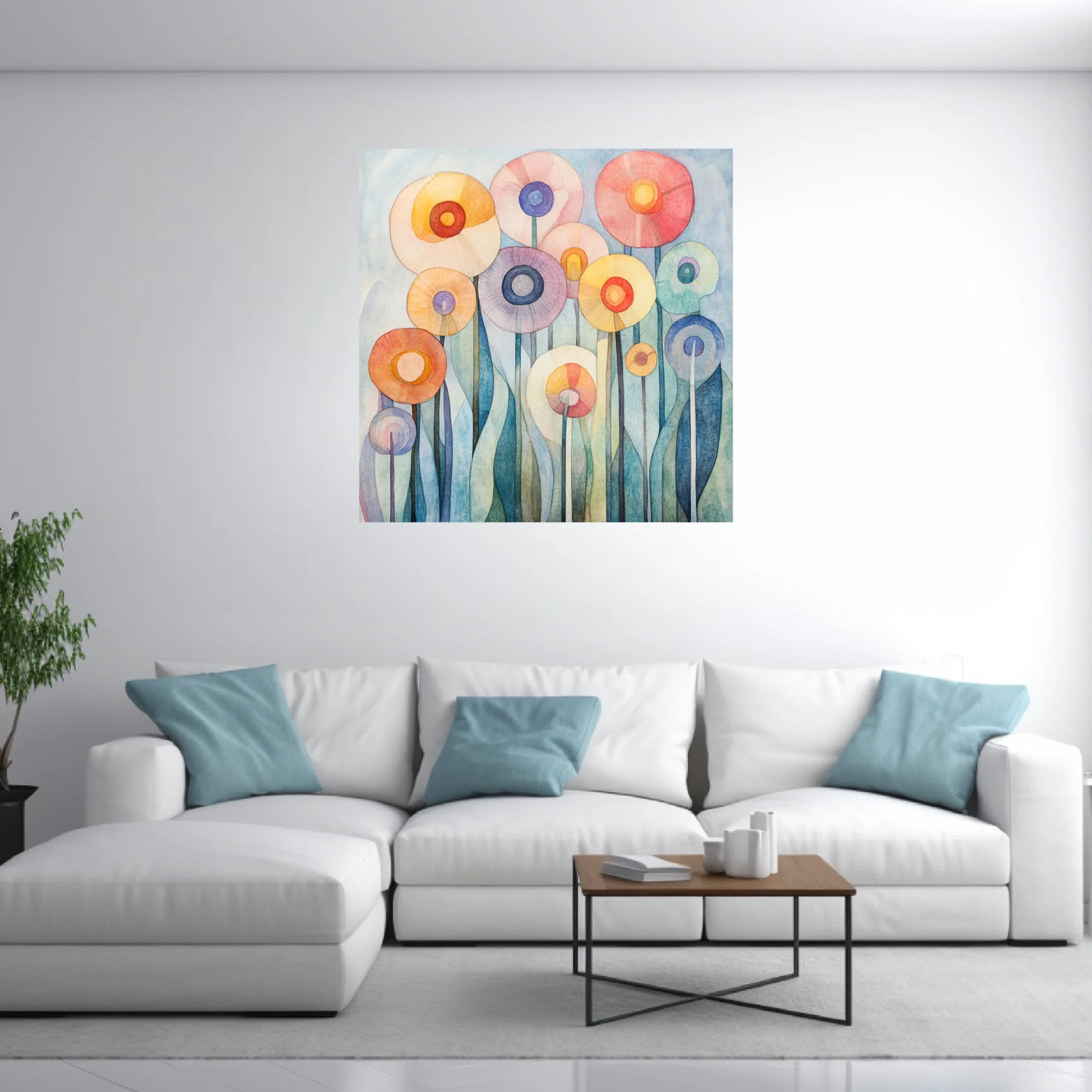 Watercolor-style abstract floral art with pastel circular blooms on tall stems