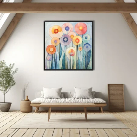 Watercolor-style abstract floral art with pastel circular blooms on tall stems