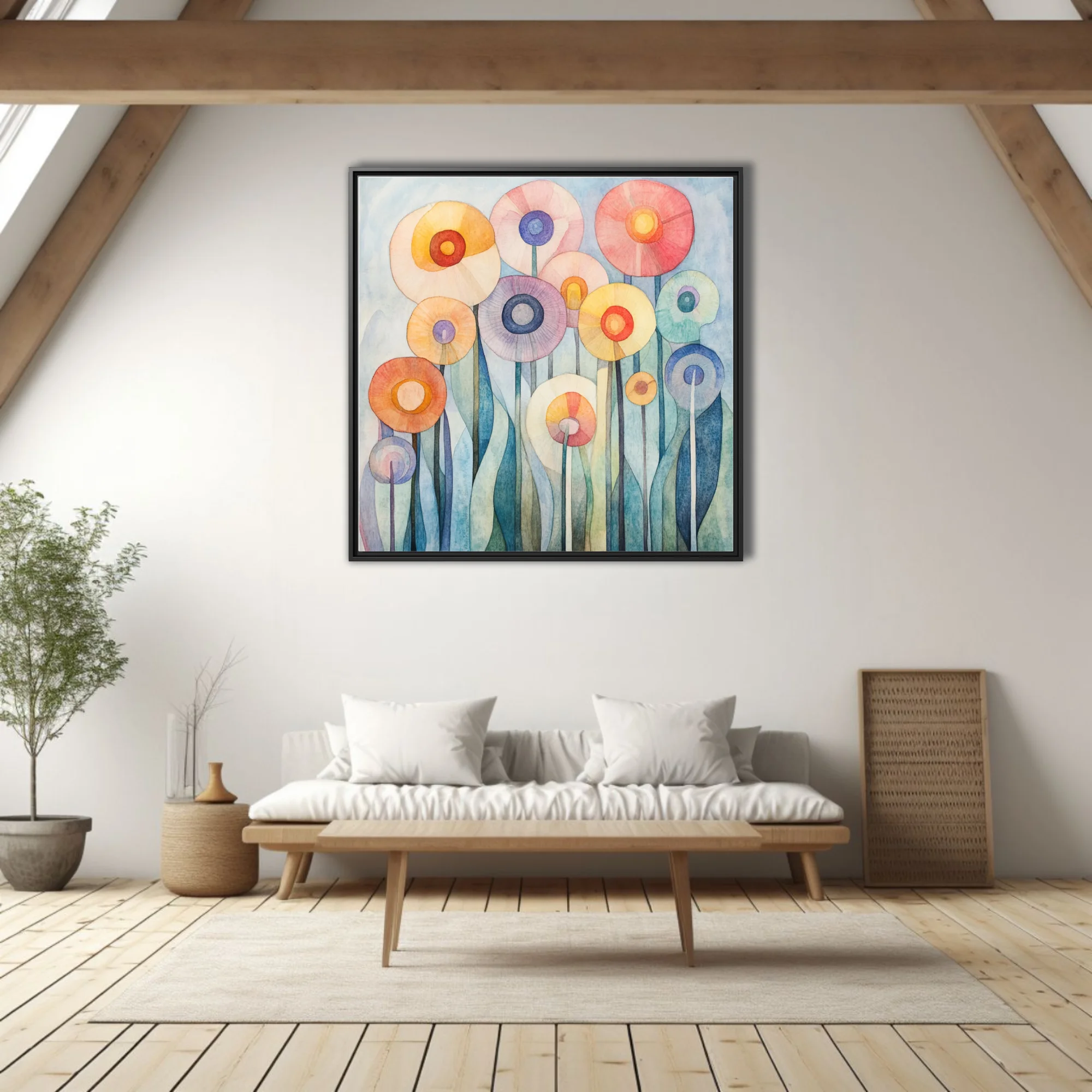 Watercolor-style abstract floral art with pastel circular blooms on tall stems
