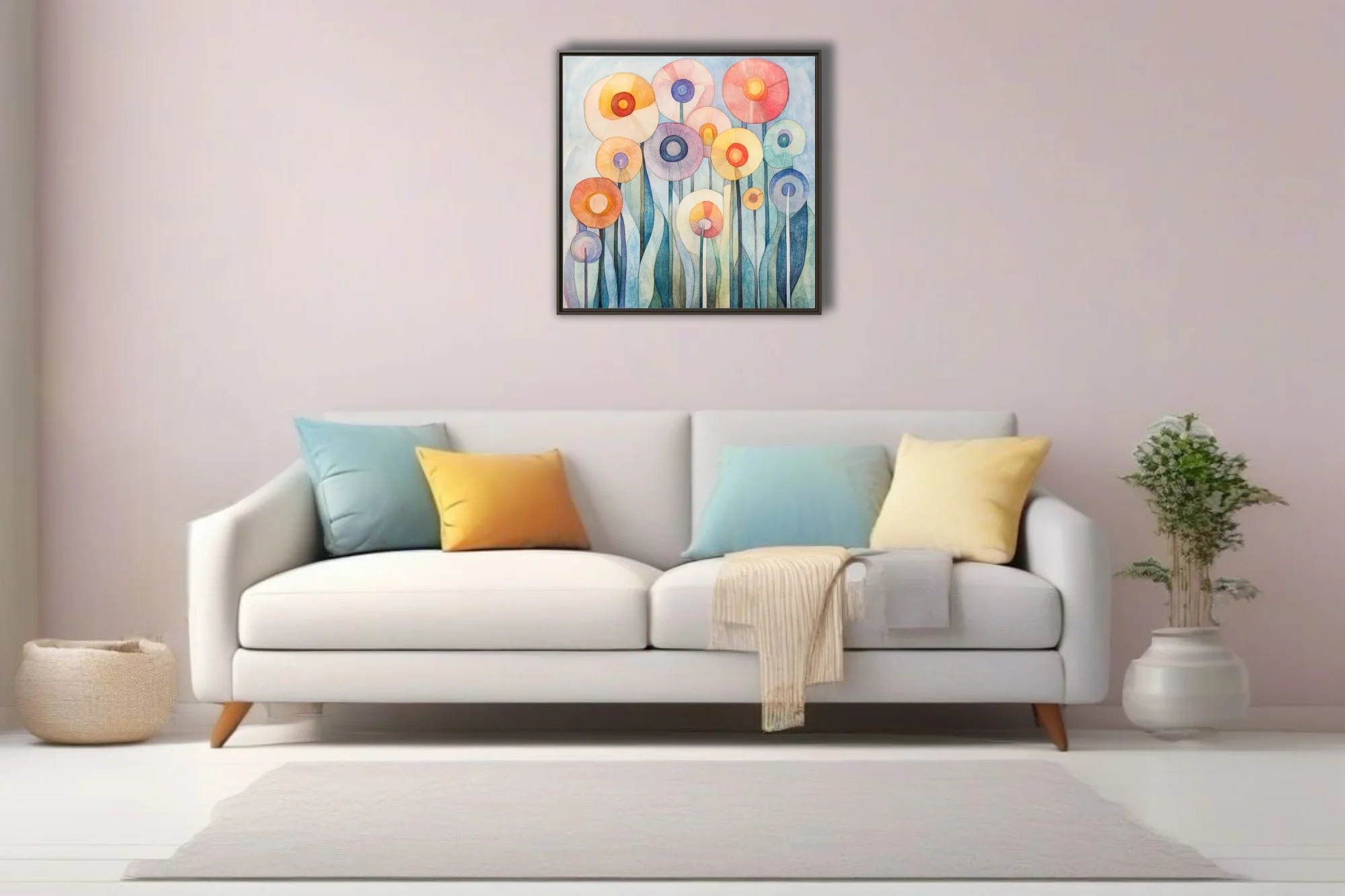 Watercolor-style abstract floral art with pastel circular blooms on tall stems