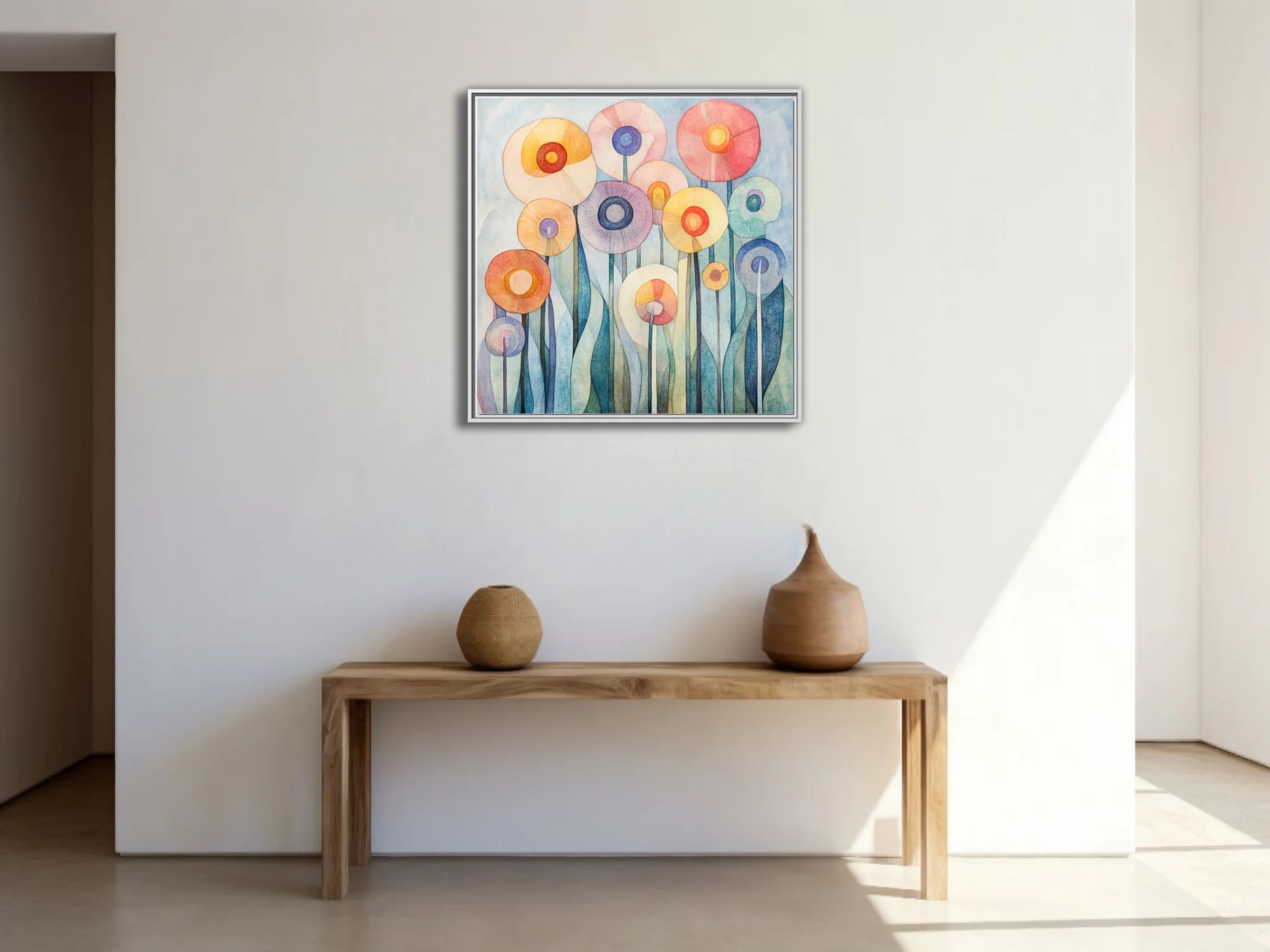 Watercolor-style abstract floral art with pastel circular blooms on tall stems