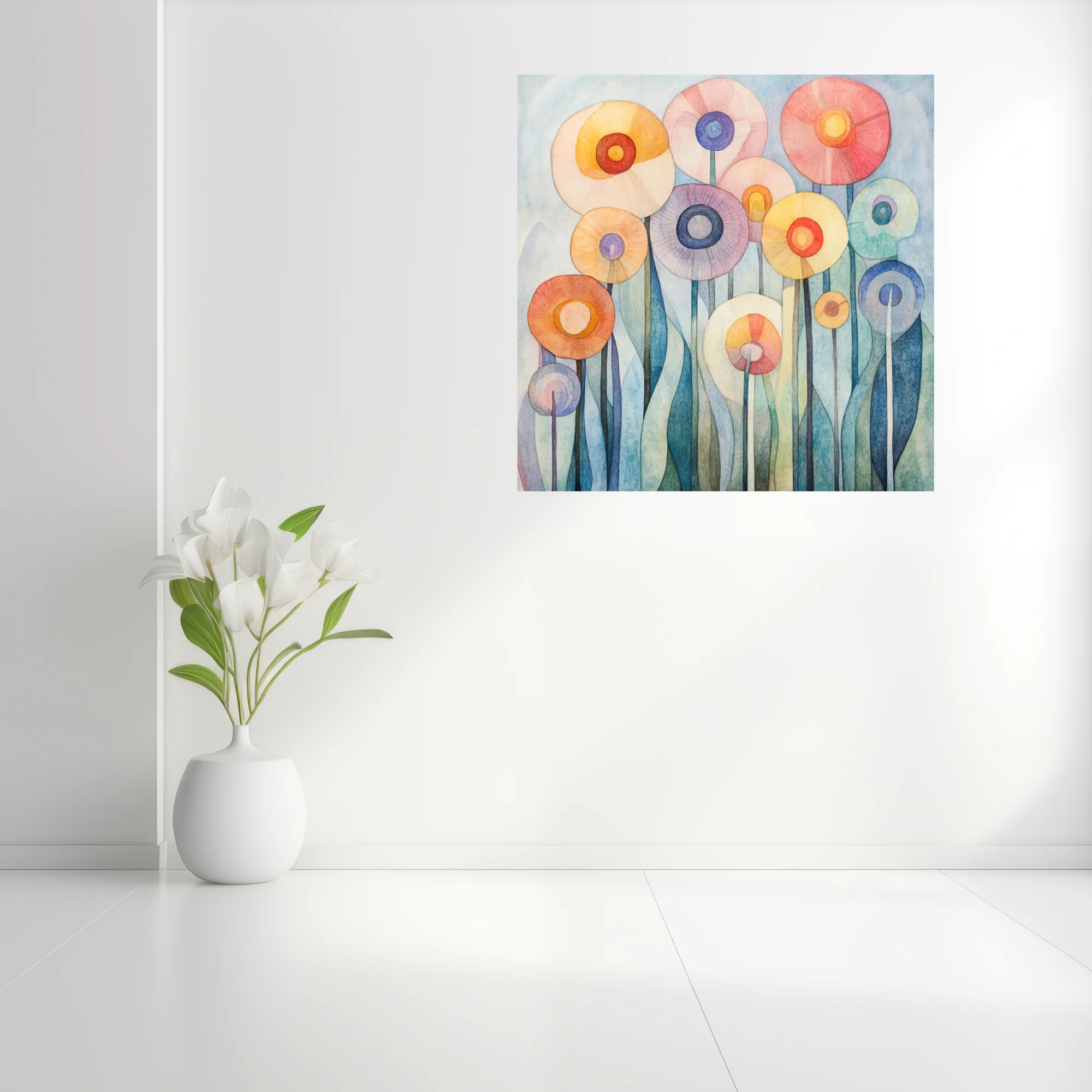 Watercolor-style abstract floral art with pastel circular blooms on tall stems