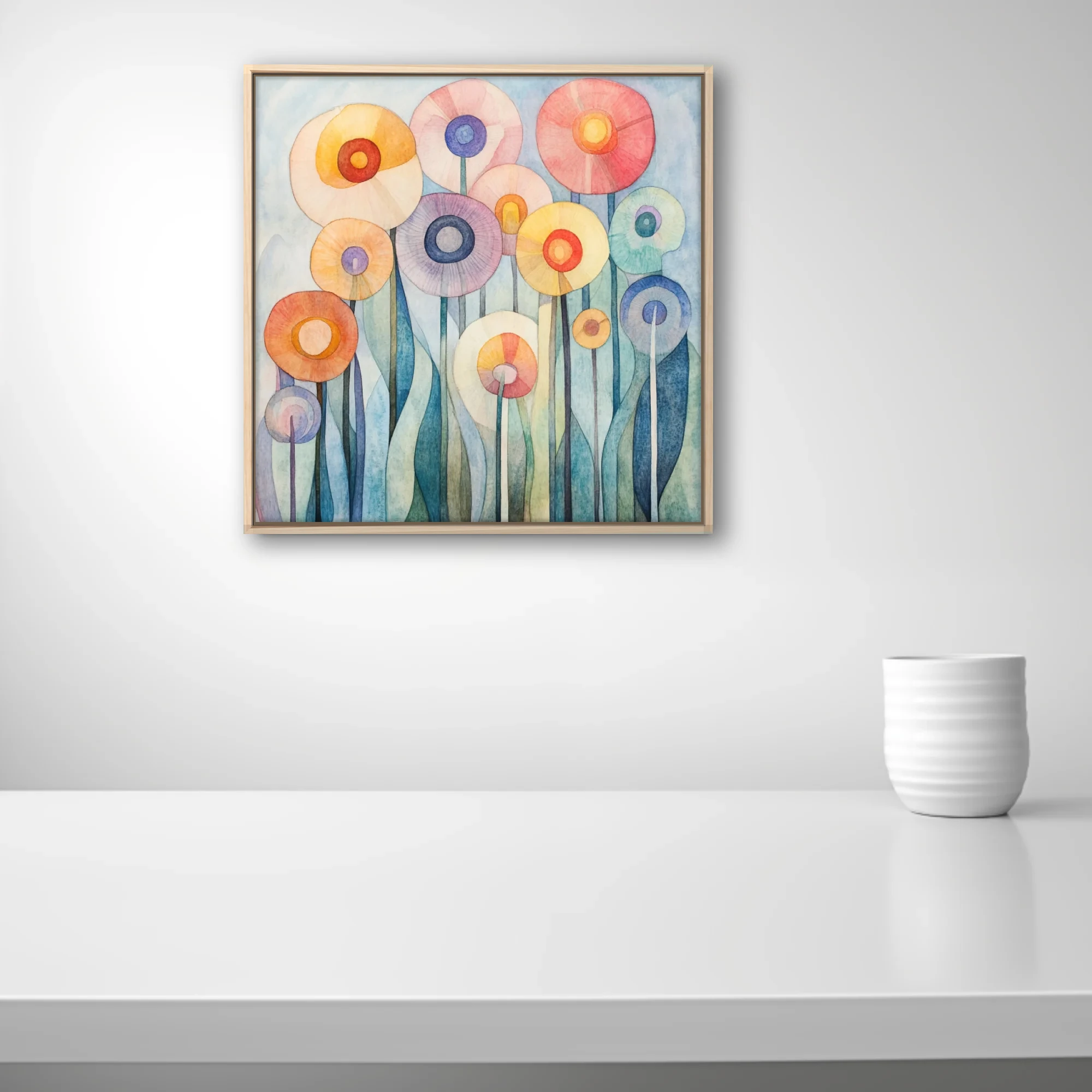 Watercolor-style abstract floral art with pastel circular blooms on tall stems