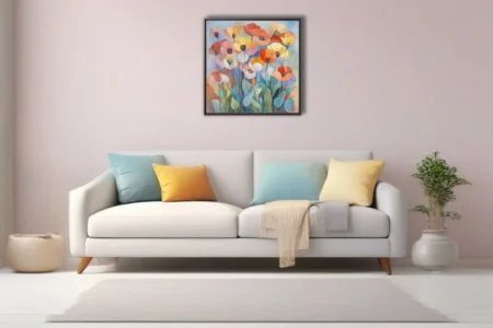 Abstract watercolor-style poppy florals in warm red, yellow, and peach tones