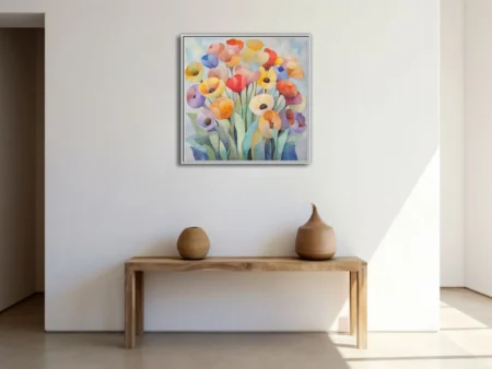 Abstract watercolor-style floral bouquet in coral, yellow, lavender and cream tones