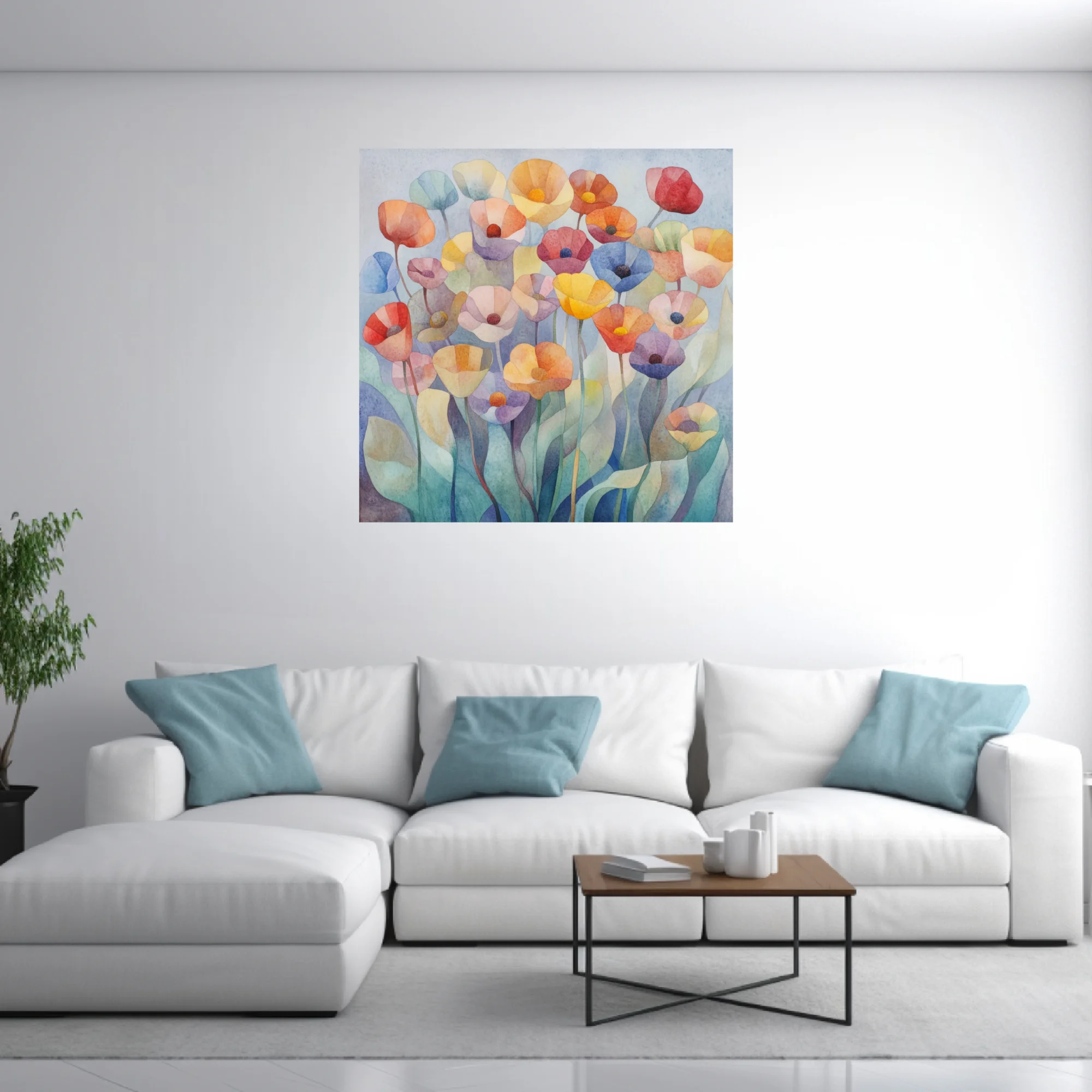 Watercolor-style abstract floral art with pastel and saturated poppy blooms
