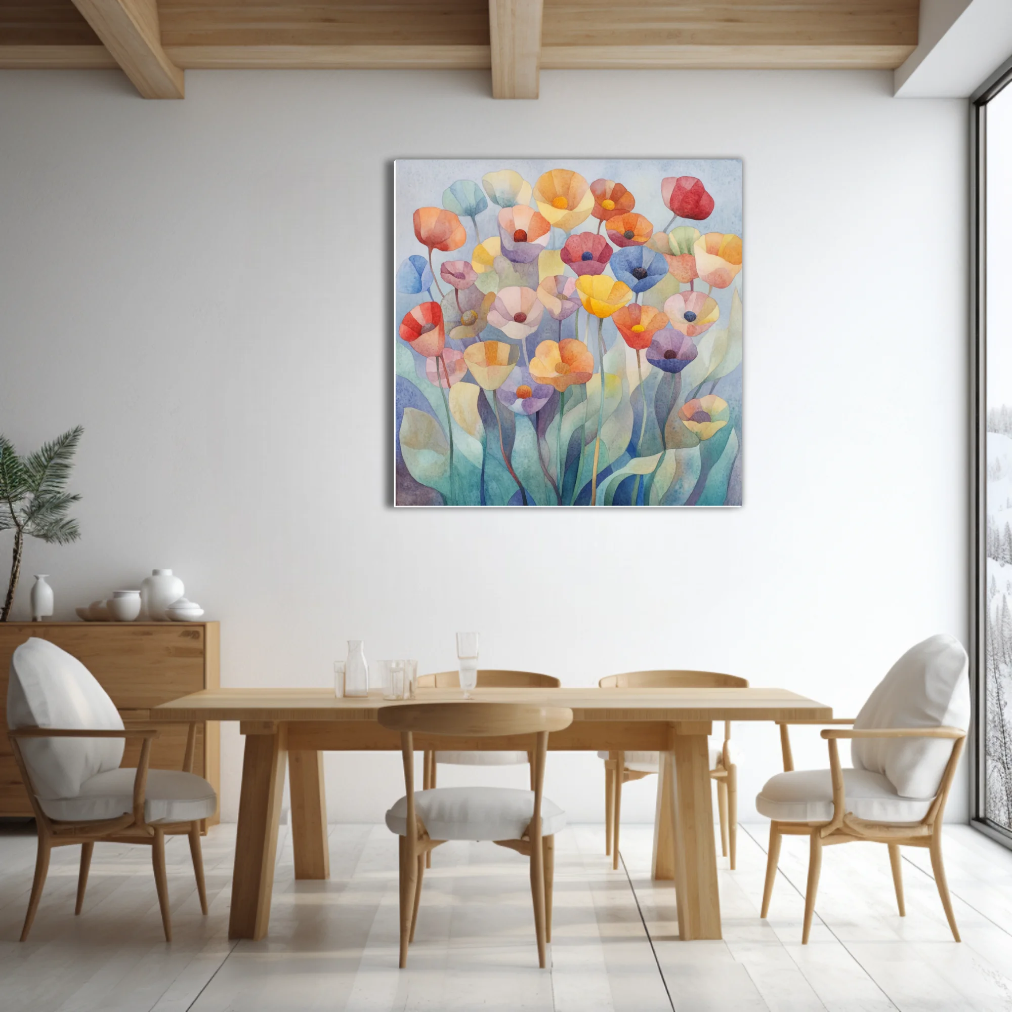 Watercolor-style abstract floral art with pastel and saturated poppy blooms