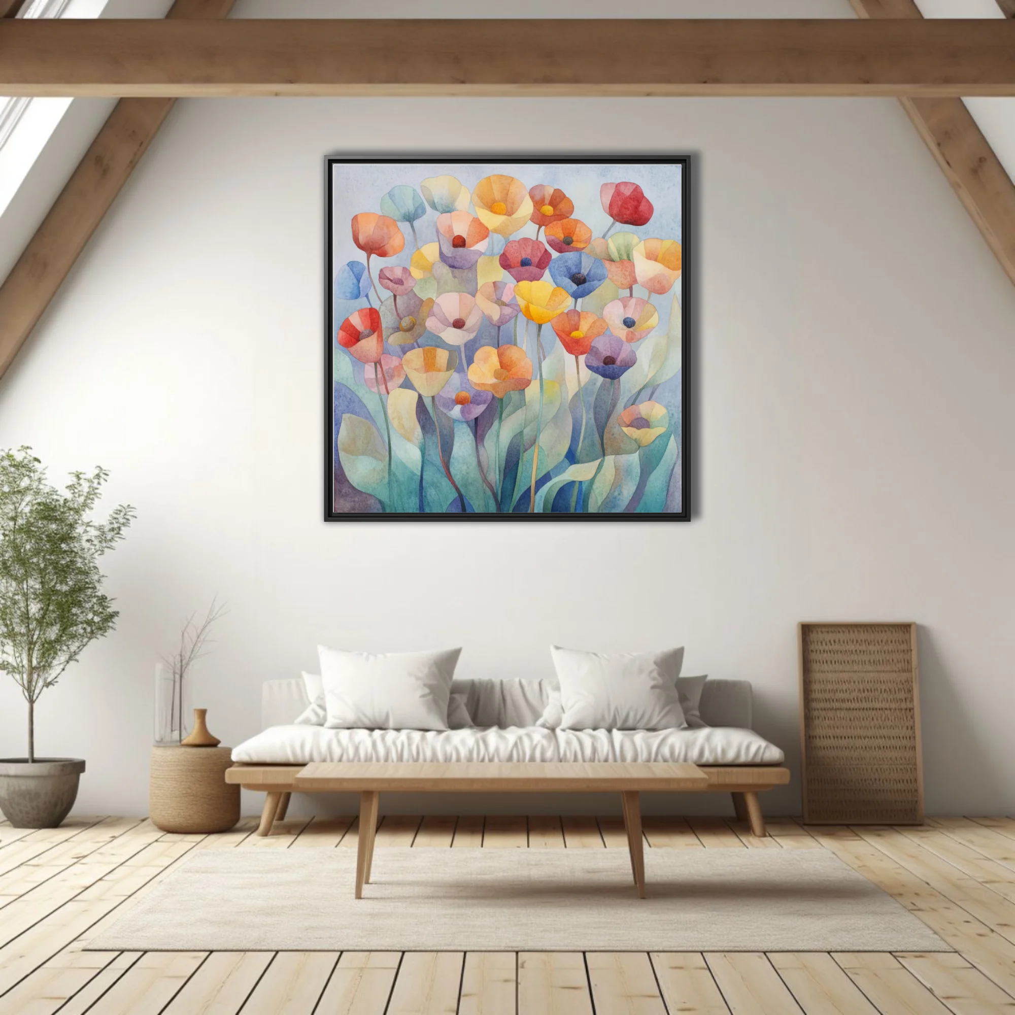 Watercolor-style abstract floral art with pastel and saturated poppy blooms