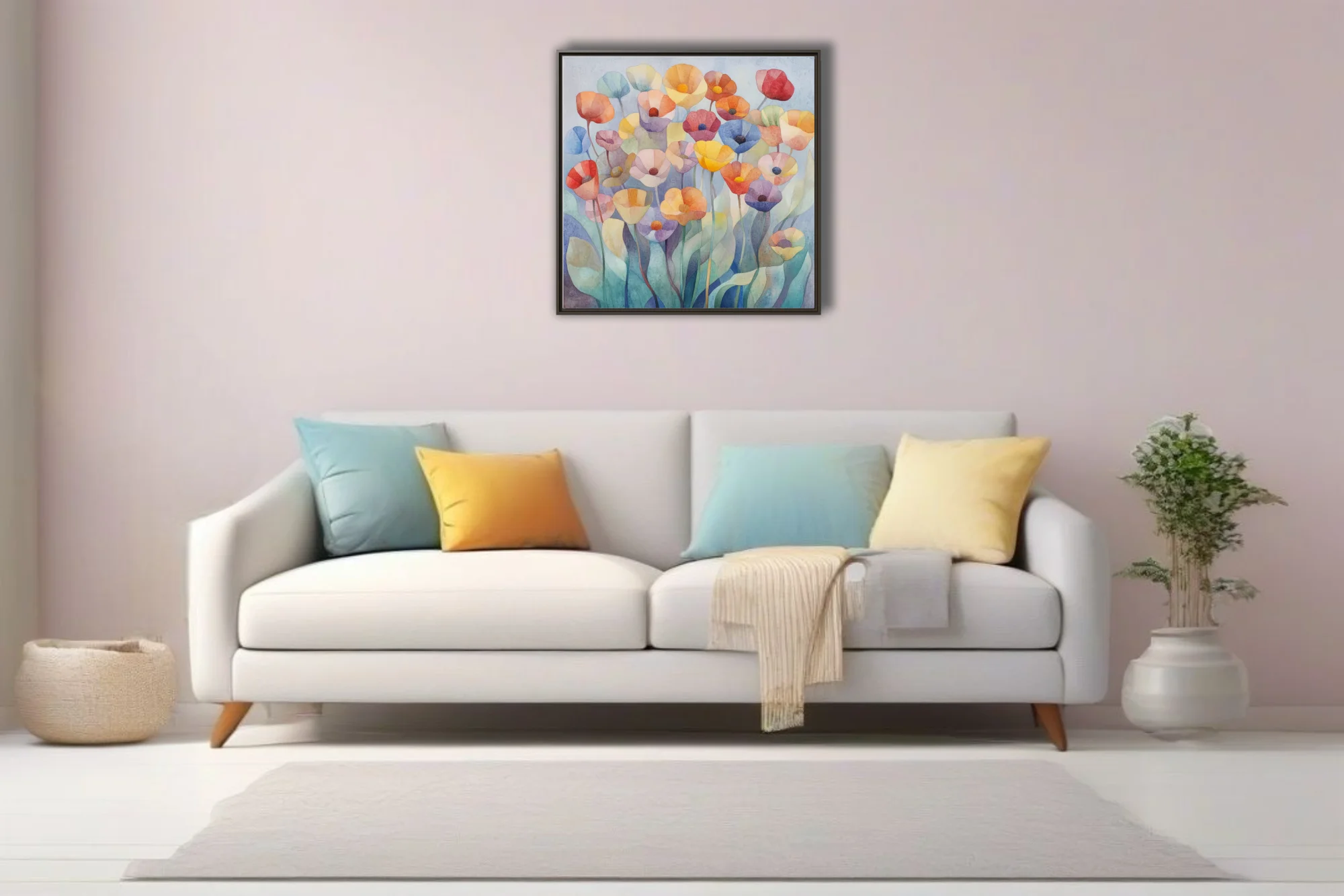 Watercolor-style abstract floral art with pastel and saturated poppy blooms