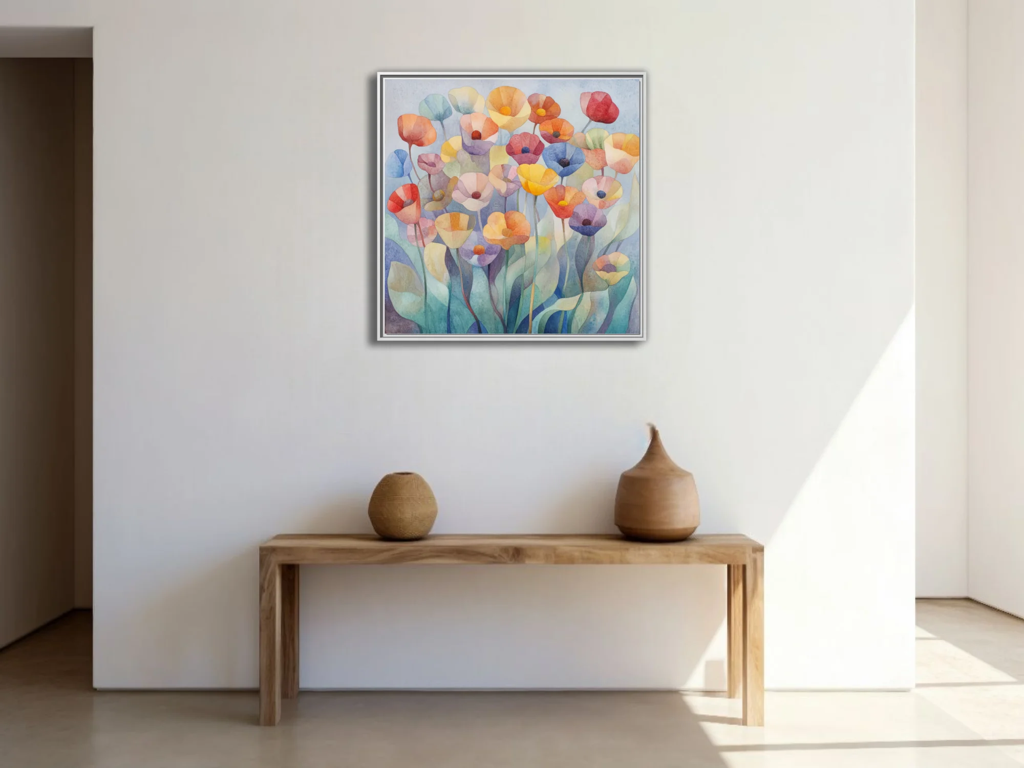 Watercolor-style abstract floral art with pastel and saturated poppy blooms