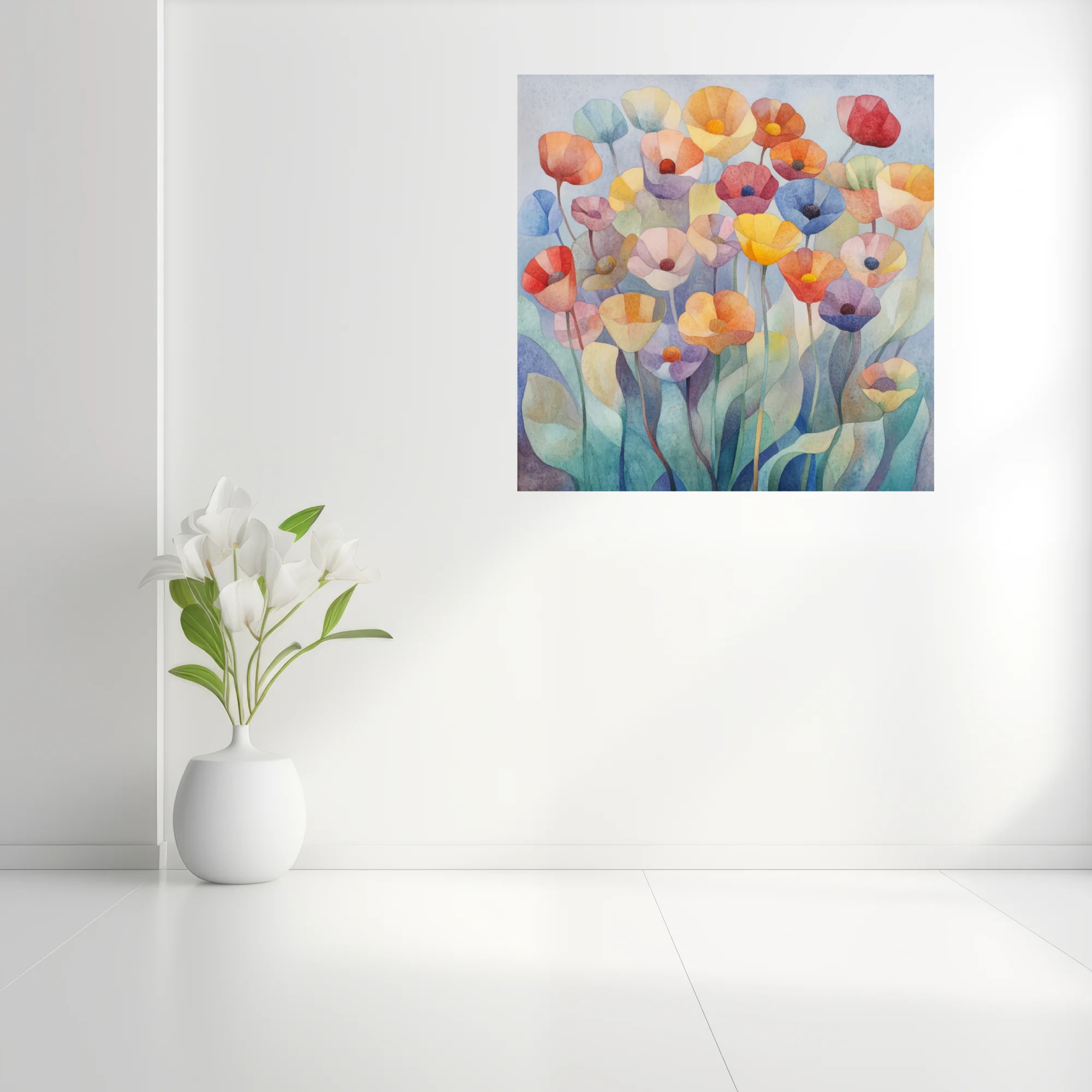Watercolor-style abstract floral art with pastel and saturated poppy blooms