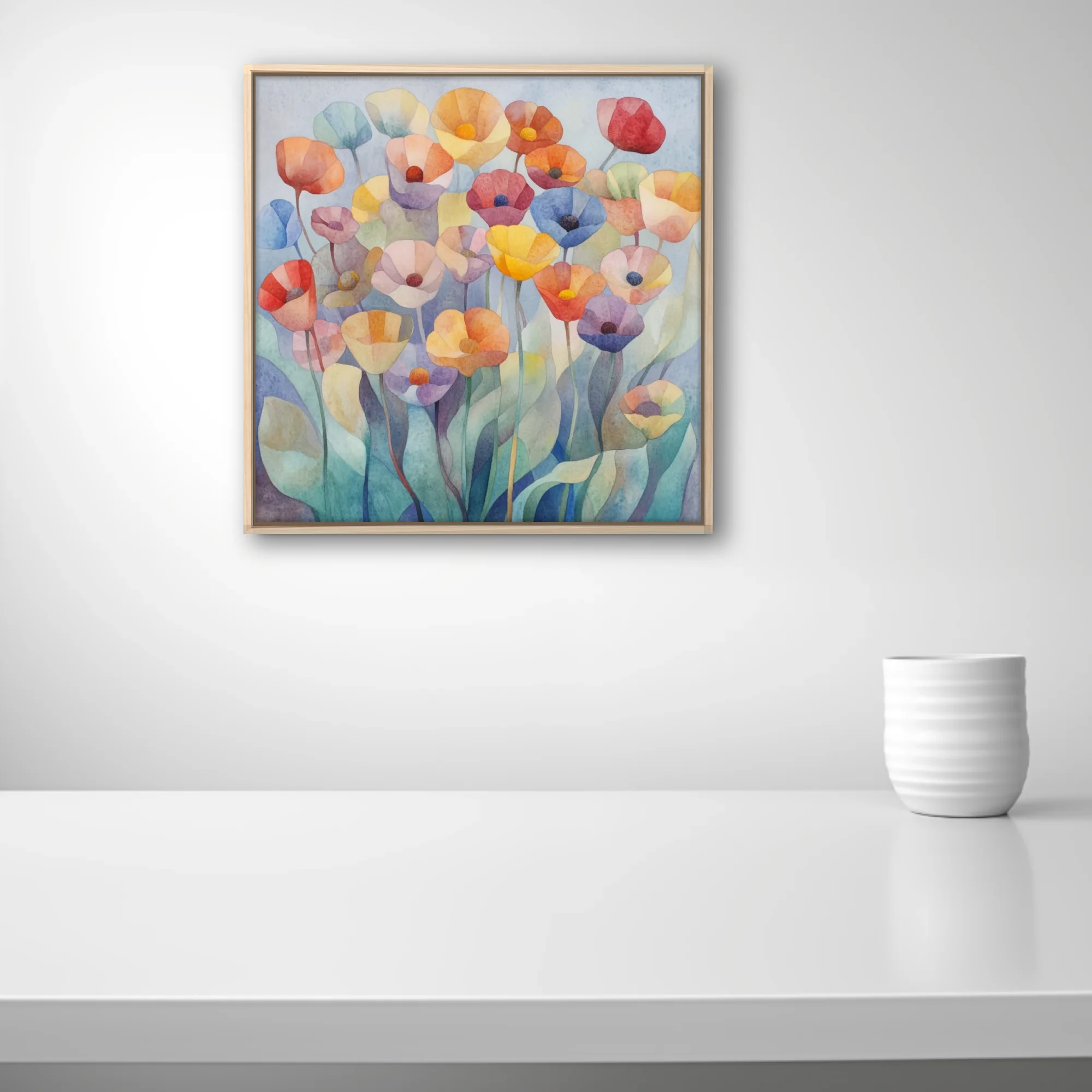 Watercolor-style abstract floral art with pastel and saturated poppy blooms