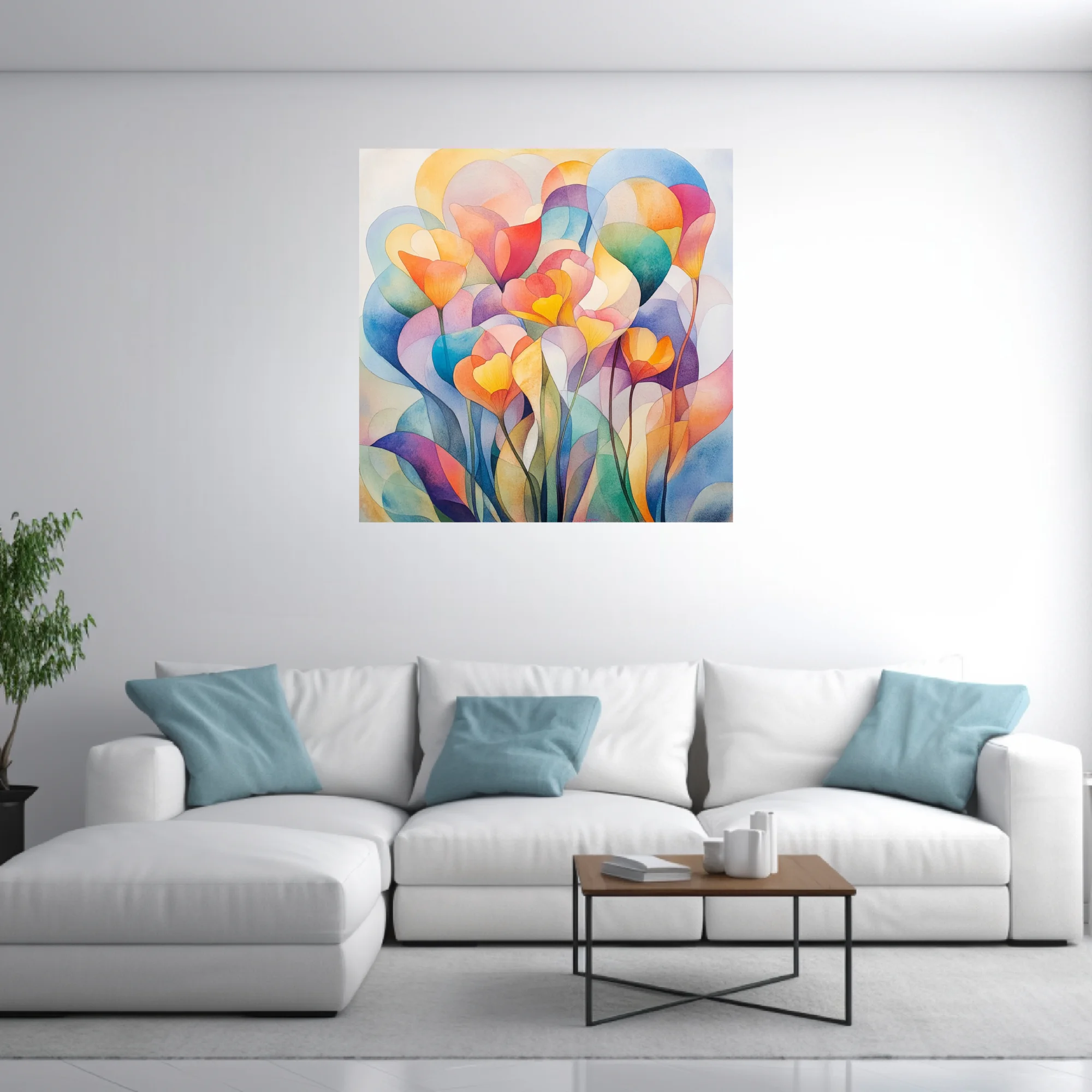 Abstract floral watercolor-style art with translucent layered petals in rainbow palette