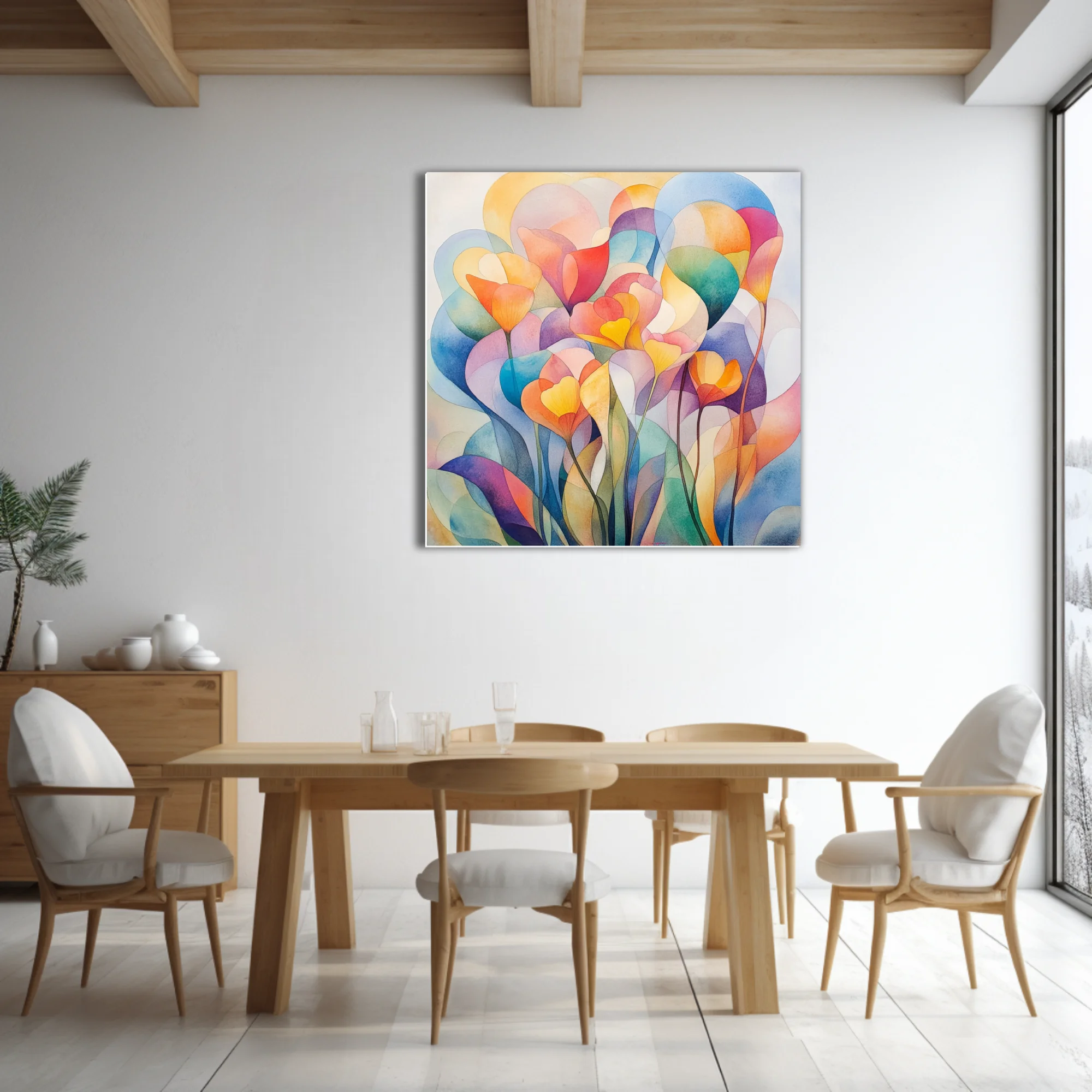 Abstract floral watercolor-style art with translucent layered petals in rainbow palette
