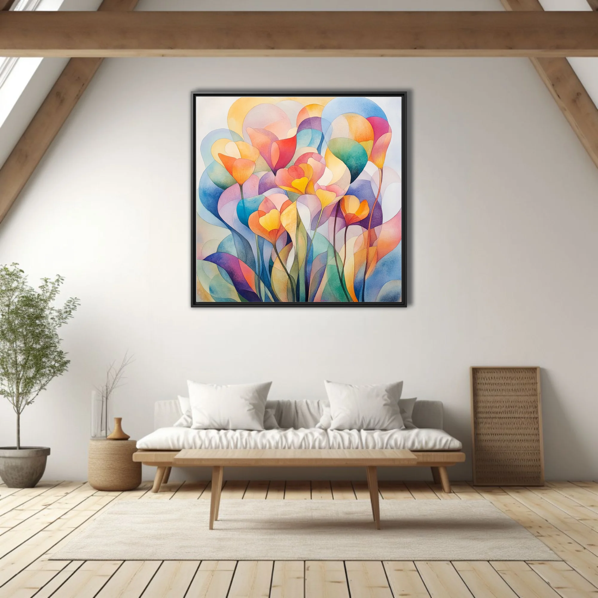 Abstract floral watercolor-style art with translucent layered petals in rainbow palette