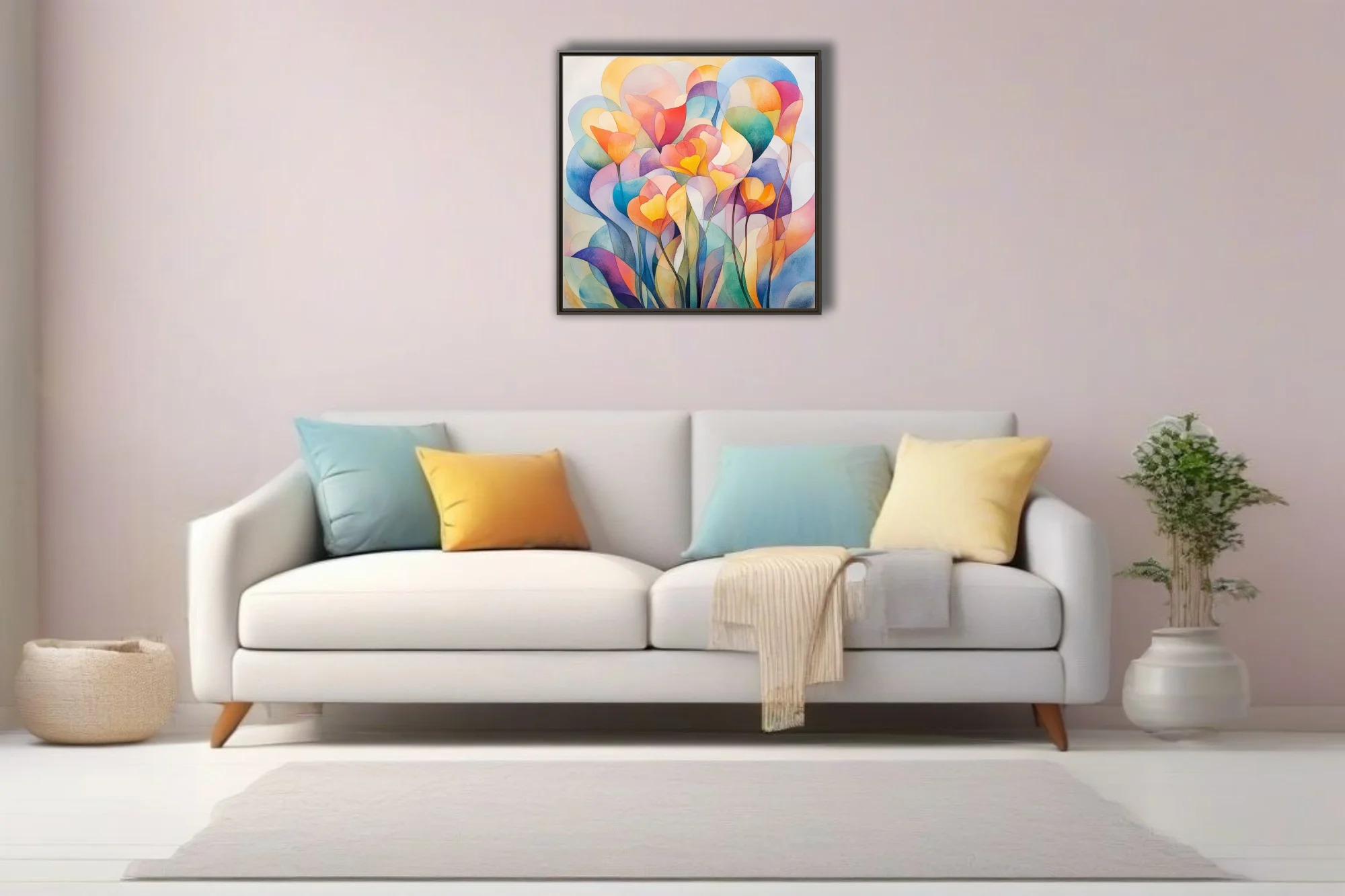 Abstract floral watercolor-style art with translucent layered petals in rainbow palette