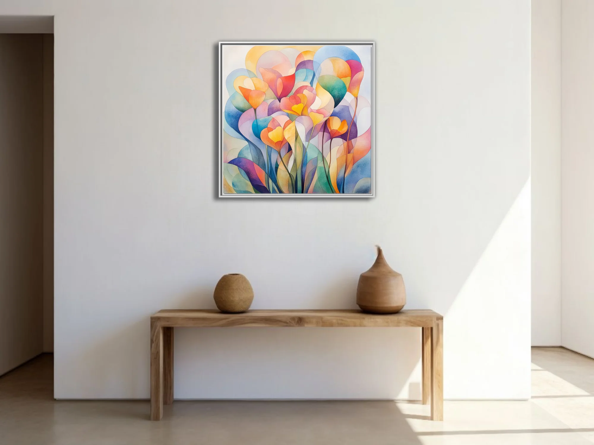 Abstract floral watercolor-style art with translucent layered petals in rainbow palette