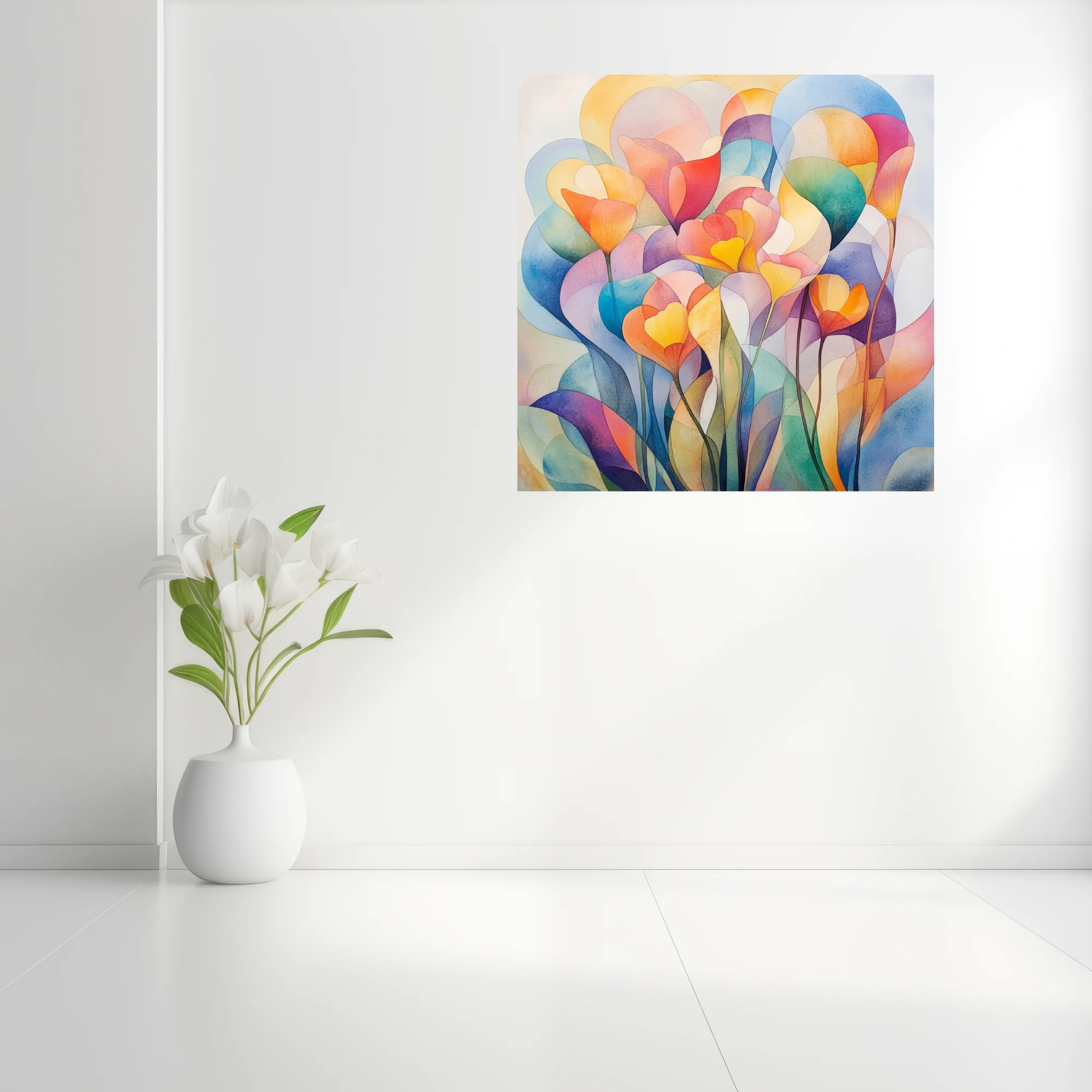 Abstract floral watercolor-style art with translucent layered petals in rainbow palette