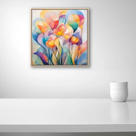 Abstract floral watercolor-style art with translucent layered petals in rainbow palette