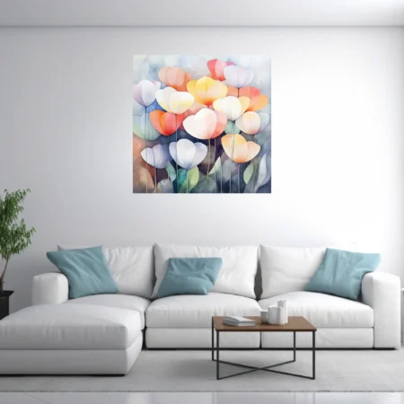 Watercolor-style abstract floral art, pastel tulip blooms in coral, peach, and white