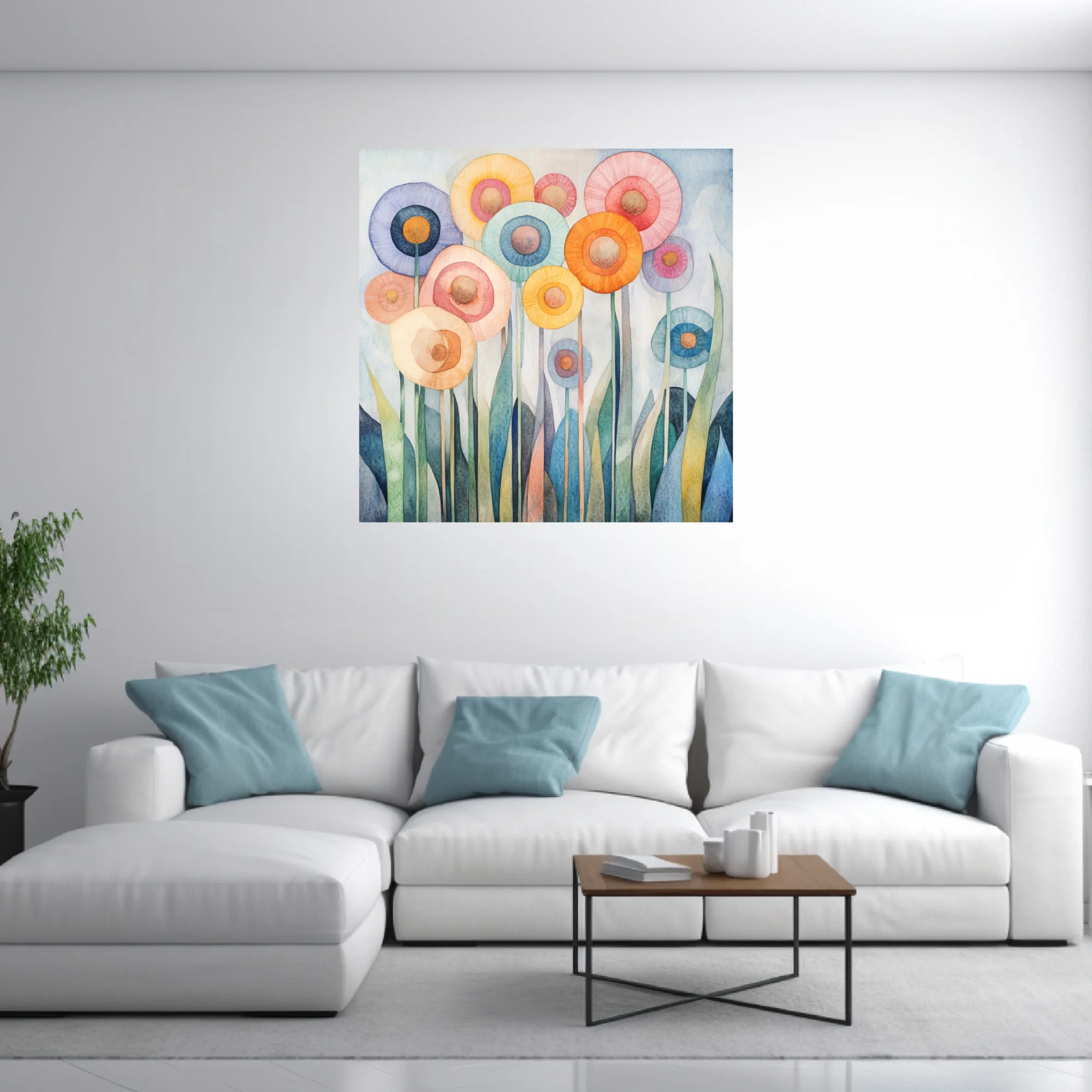 Abstract watercolor-style floral art with pastel circular blooms and teal stems