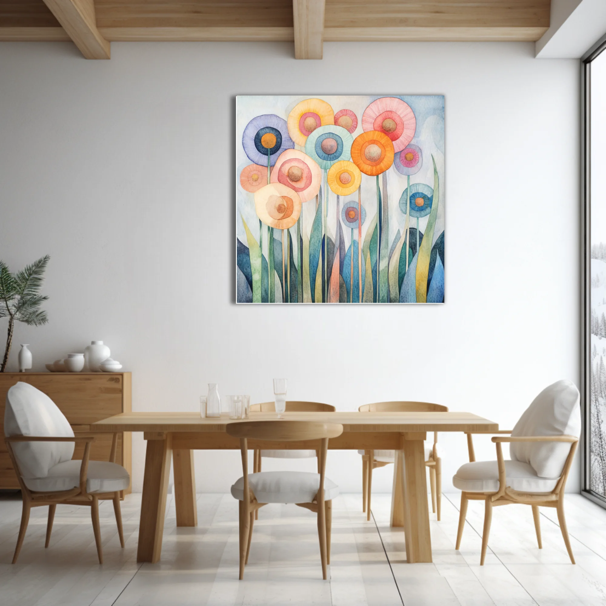 Abstract watercolor-style floral art with pastel circular blooms and teal stems